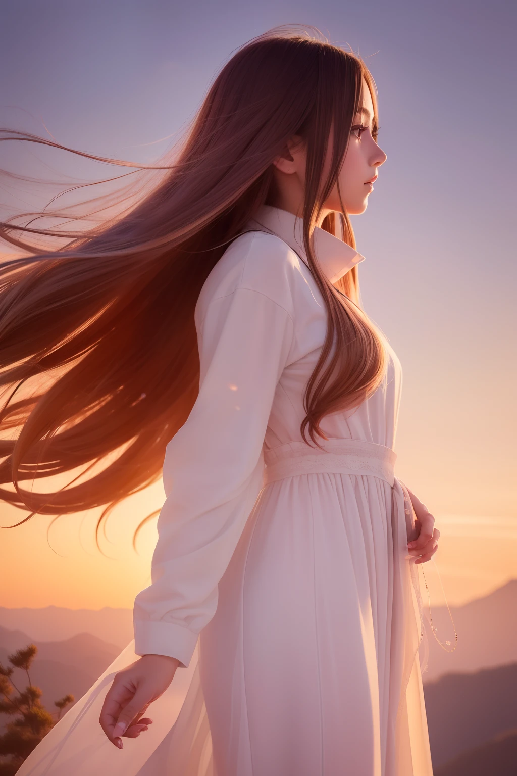 Imagine a breathtaking anime landscape where a cute girl stands on top of a majestic mountain, her eyes filled with wonder as she gazes towards the sky. The atmosphere is filled with a sense of awe and tranquility. The sky is painted with hues of pink and orange, as the sun sets on the horizon, casting a soft golden glow. Fluffy white clouds float gently above, adding to the dream-like scenery. The girl’s long, flowing hair dances in the wind, and her eyes sparkle with a mix of excitement and peacefulness. There is a sense of adventure and endless possibilities in the air. Let your imagination soar as you create a story around this beautiful moment in the anime landscape.