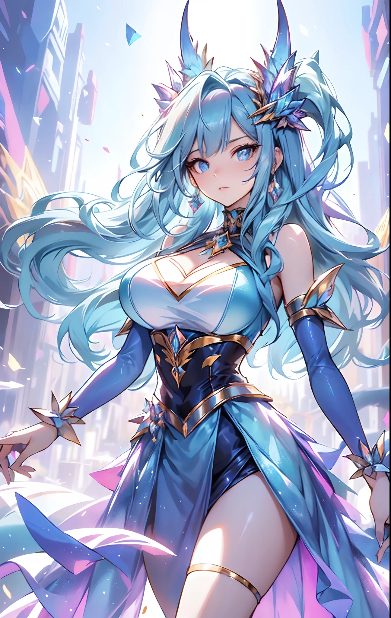 best qualityer,tmasterpiece,Ultimate resolution,downy,Extremely colorful,Colorful,palace background,A dragon girl,Royal Sister,Light blue bandeau maxi dress,huge tit,A pair of dragon horns,(Ice blue super long hair),Crystal Palace background,Grand,epic sense,Normal posture