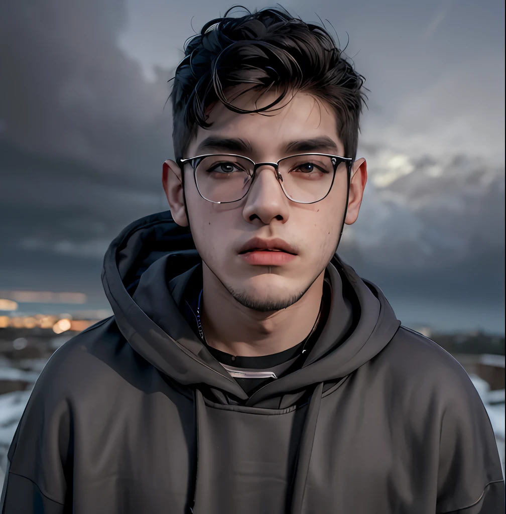 (masterpiece:1.2), (best quality:1.2), hyper realistic,highestres,absurdres,extremely detailed,volumetic,dramatic lighting,(frontal view),
20 year old boy,face,detailed eyes, dark grey hoodie, black t-shirt, with background ((sky))