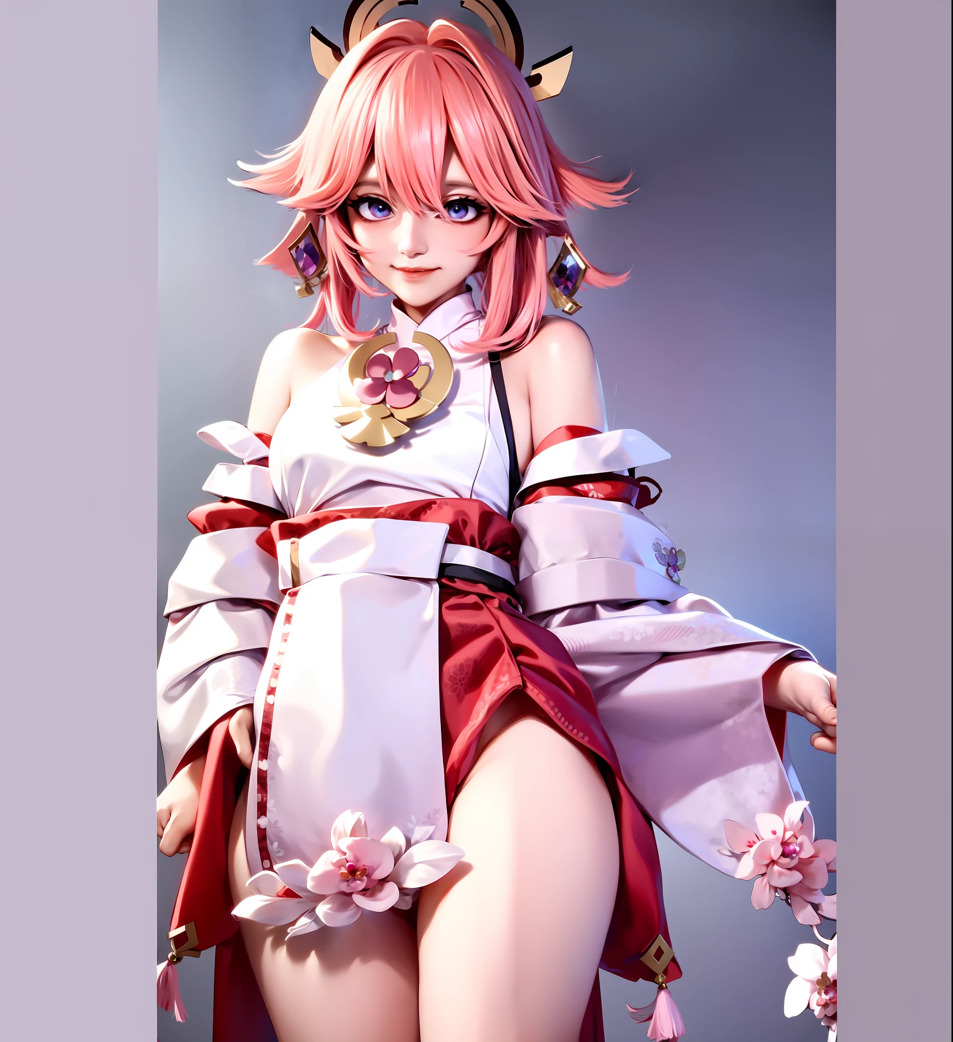 Close-up of a woman in a kimono posing for a photo, onmyoji, onmyoji portrait, Onmyoji detailed art, ayaka game genshin impact, fox nobushi, Ayaka Genshin impact, photorealistic anime girl rendering, render of a cute 3d anime girl, sakura petals around her, Smooth anime CG art