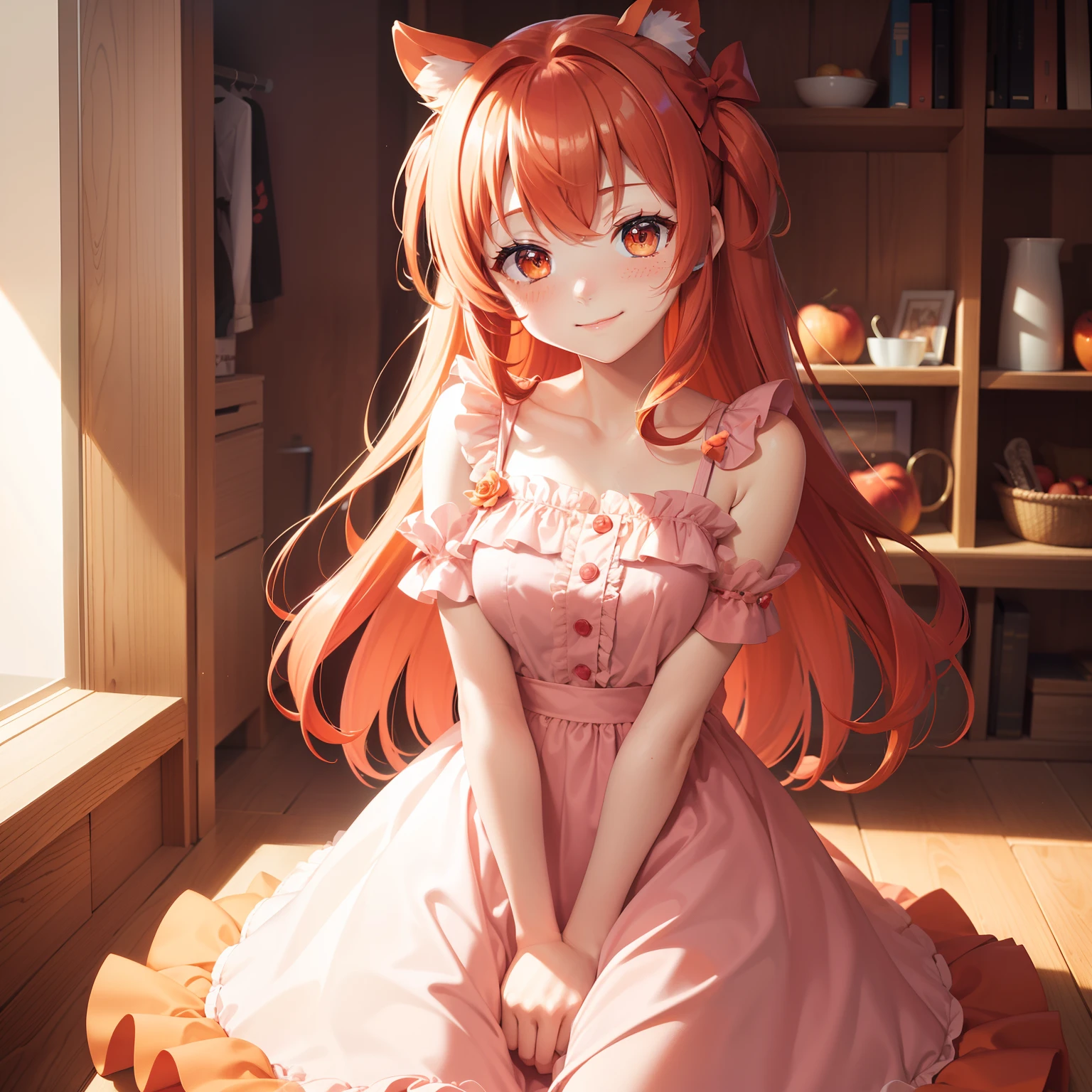 masutepiece, Best Quality, High quality, Apple Bloom, Solo, Red hair, Long hair, Pink bow for hair, Orange Eyes, hitornfreckles, Cute, friendly, Orange dress with ruffles, Looking at Viewer, blush, Happy, Smile, Beautiful,