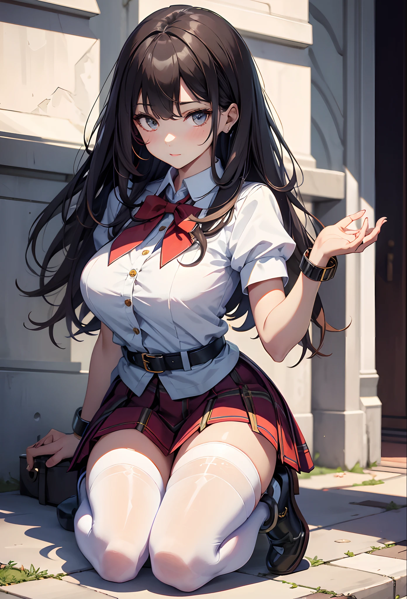 best qualityer,tmasterpiece,Ultimate resolution,downy,Extremely colorful,mature pretty woman,(JK school uniform),neck bowtie,Plaid skirts,(Beauty severed head),Normal posture,Redlip,(Kneeling pose)(point you by ass),shackle,behead,Collar,handcuff,Anklets,(white stockings),Mary Jane shoes,Normal posture