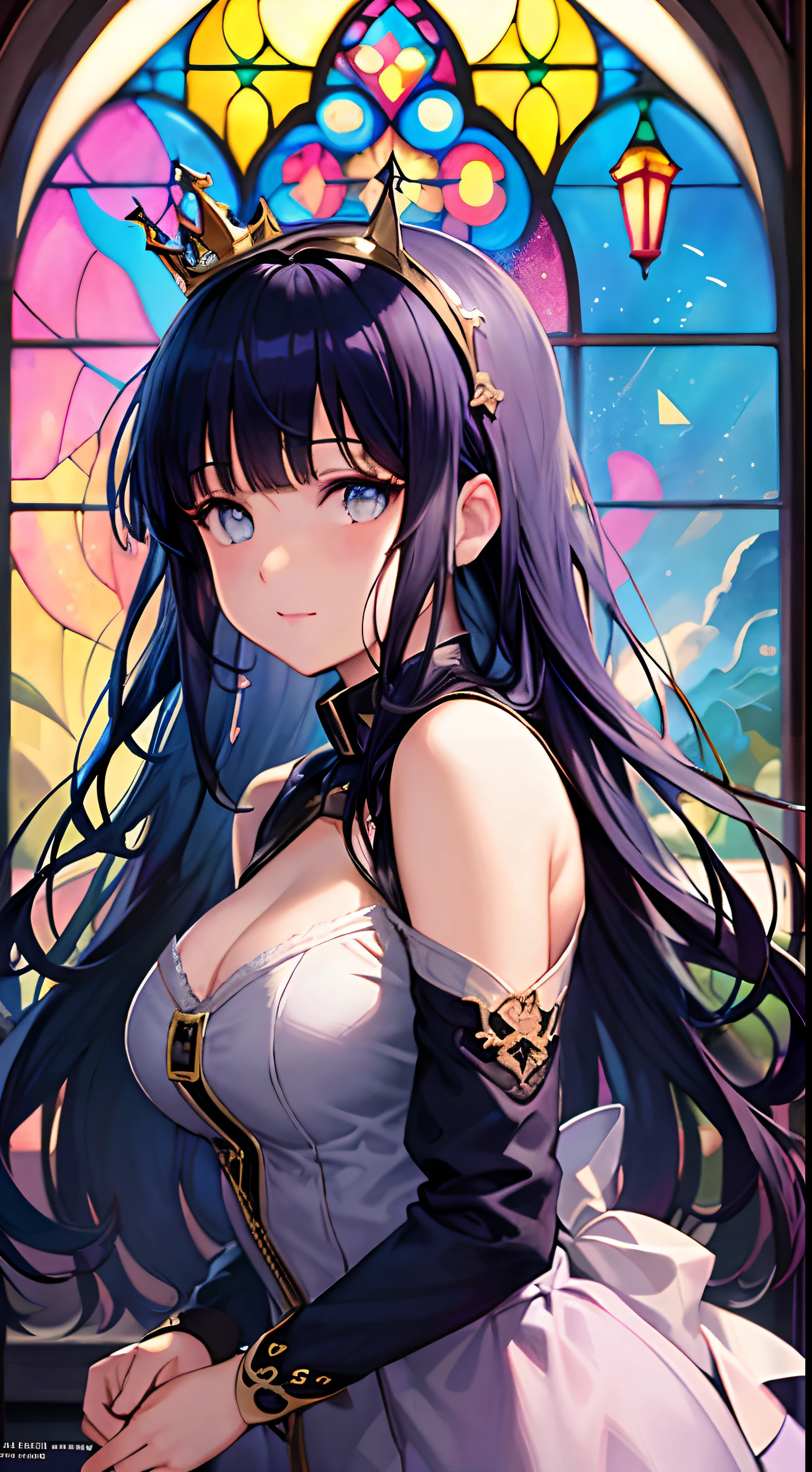 anime girl with a crown and a dress in front of a stained window, Official artwork, anime moe art style, high detailed official artwork, Beautiful anime artwork, Marin Kitagawa fanart, Digital art on Pixiv, Beautiful anime art, offcial art, Detailed digital anime art, Anime art, trending on artstation pixiv, Best anime 4k konachan wallpaper