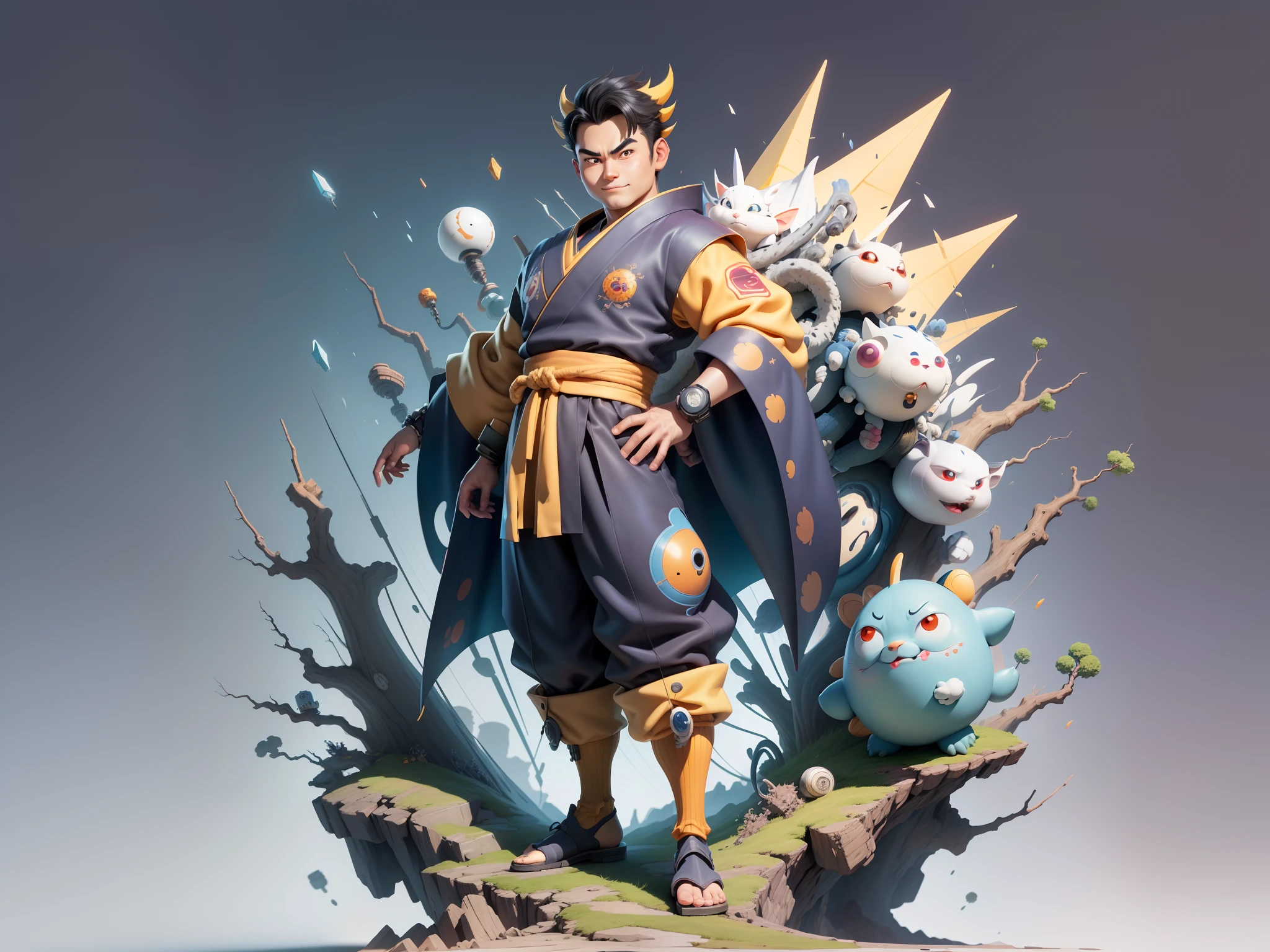 (Masterpiece), (Excellent), (Super Meticulous), (Full Body: 1.2), Super Young Man, Oriental Face, Japanese Kimono, Japanese Wind Thunder God, Dragon, Tiger, TV Anchor, Bust Portrait Illustration, Alone, Black Suit, Blue Tie, Slightly Chubby Face, Very Clean Face, No Beard, Black Super Short Hair, Black Eyes, Confident Smile, 3c Computer Sub-Products, iPad, iPhone, Digital Painting, 3D Character Design by Akira Toriyama and Mark Claireden and Pixar and Hayao Miyazaki, The illustration is a high-definition illustration in 4K resolution with very detailed facial features and cartoon-style visuals.