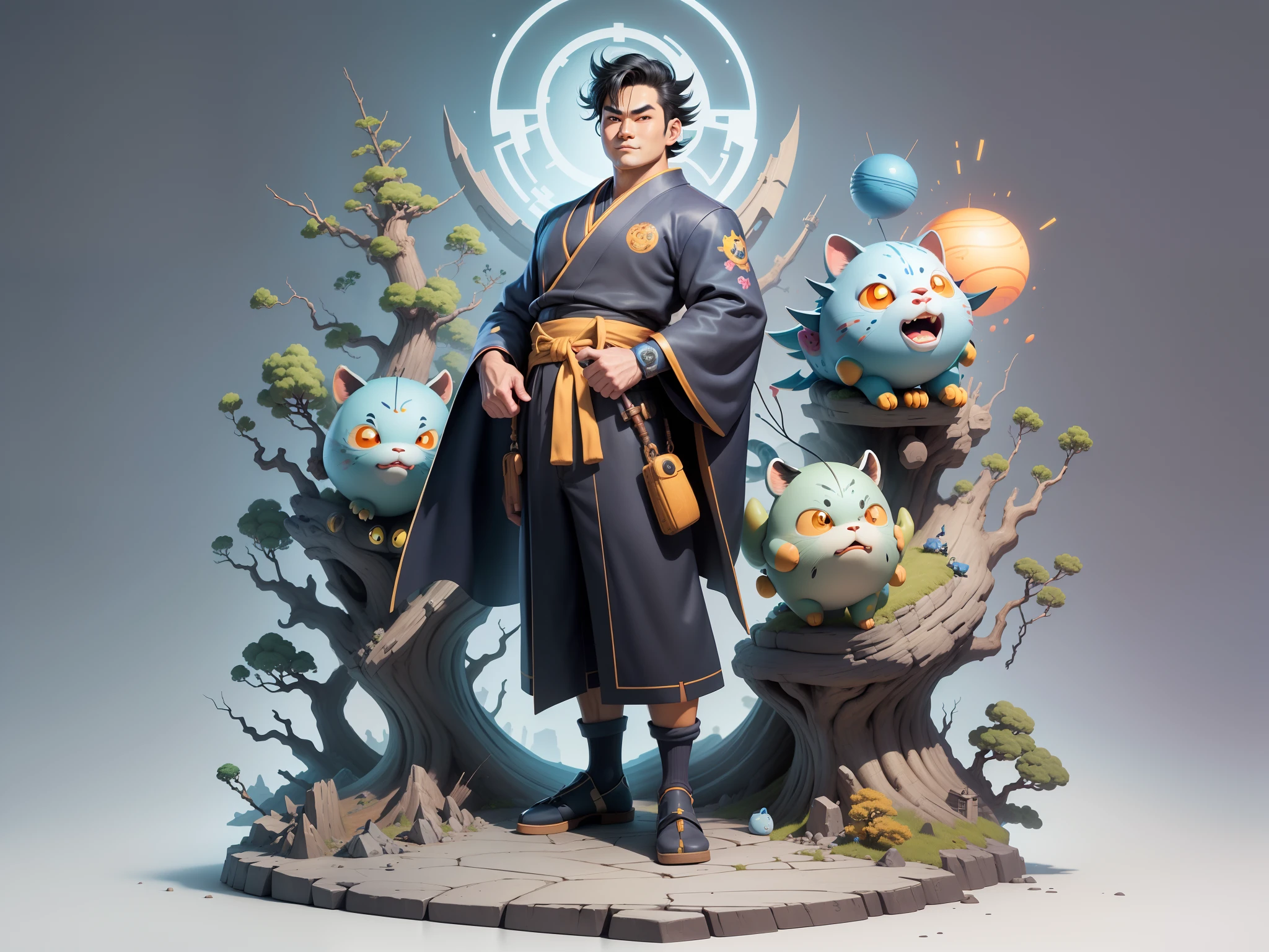 (Masterpiece), (Excellent), (Super Meticulous), (Full Body: 1.2), Super Young Man, Oriental Face, Japanese Kimono, Japanese Wind Thunder God, Dragon, Tiger, TV Anchor, Bust Portrait Illustration, Alone, Black Suit, Blue Tie, Slightly Chubby Face, Very Clean Face, No Beard, Black Super Short Hair, Black Eyes, Confident Smile, 3c Computer Sub-Products, iPad, iPhone, Digital Painting, 3D Character Design by Akira Toriyama and Mark Claireden and Pixar and Hayao Miyazaki, The illustration is a high-definition illustration in 4K resolution with very detailed facial features and cartoon-style visuals.