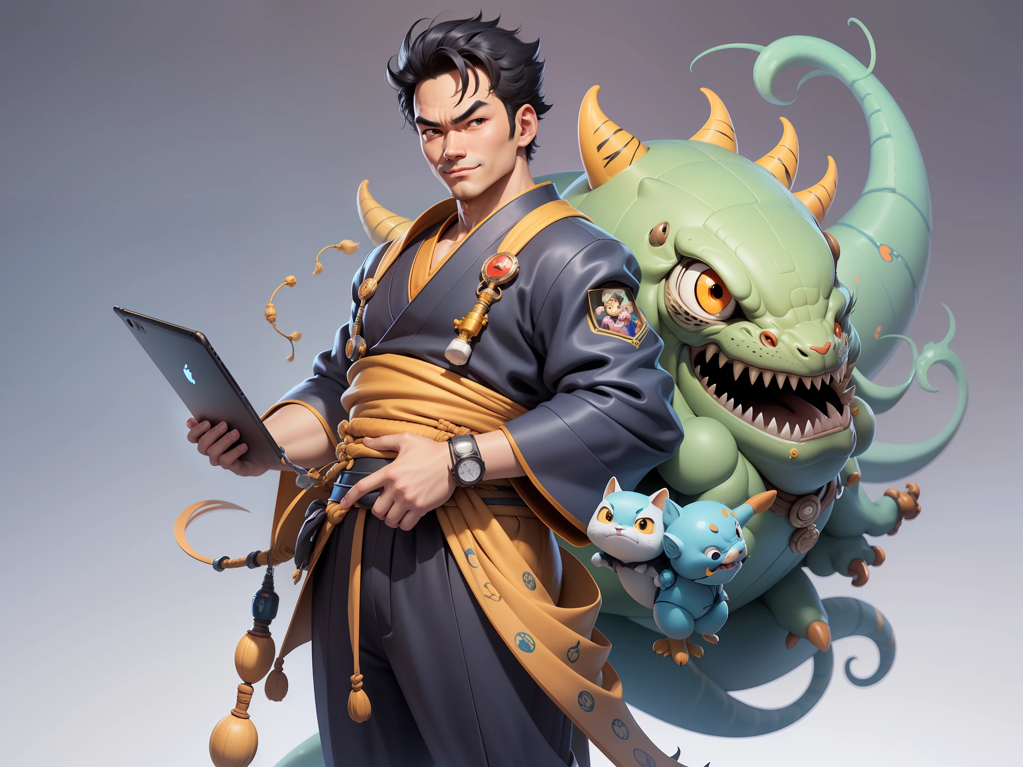 (Masterpiece), (Excellent), (Super Meticulous), (Full Body: 1.2), Super Young Man with Japanese Female Geisha, Beauty, Chinese Dragon, Tiger, Wind God Thor, Sexy, Bursting, Oriental Face, TV Anchor, Bust Portrait Illustration, Black Suit, Blue Tie, Slightly Chubby, Very Clean Face, No Beard, Black Super Short Hair, Black Eyes, Confident Smile, 3c Computer Sub-Products, iPad, iPhone, Digital Painting, 3D Character Design by Mark Claireden and Pixar and Hayao Miyazaki and Akira Toriyama, The illustration is a high-definition illustration in 4K resolution with very detailed facial features and cartoon-style visuals.