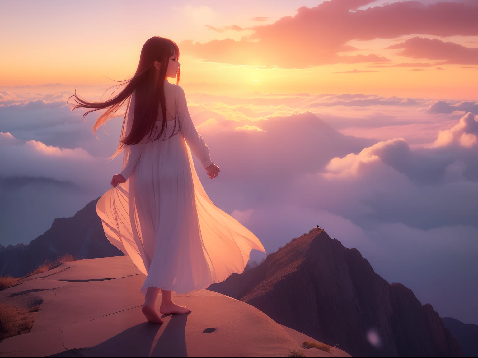 Imagine a breathtaking anime landscape where a cute girl stands on top of a majestic mountain, her eyes filled with wonder as she gazes towards the sky. The atmosphere is filled with a sense of awe and tranquility. The sky is painted with hues of pink and orange, as the sun sets on the horizon, casting a soft golden glow. Fluffy white clouds float gently above, adding to the dream-like scenery. The girl’s long, flowing hair dances in the wind, and her eyes sparkle with a mix of excitement and peacefulness. There is a sense of adventure and endless possibilities in the air. Let your imagination soar as you create a story around this beautiful moment in the anime landscape.