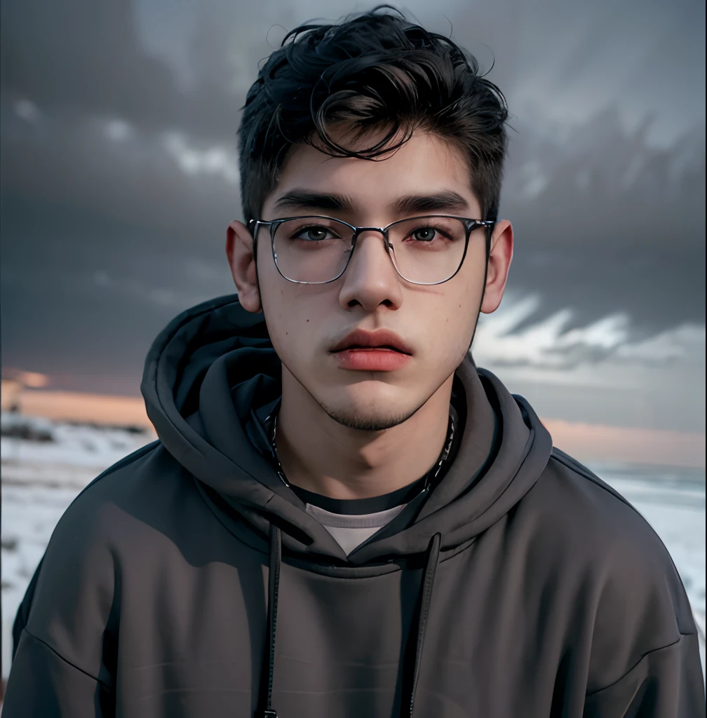(masterpiece:1.2), (best quality:1.2), hyper realistic,highestres,absurdres,extremely detailed,volumetic,dramatic lighting,(frontal view),
20 year old boy,face,detailed eyes, dark grey hoodie, black t-shirt, with background ((sky))