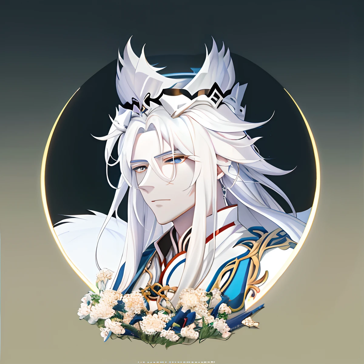 There is a photo of a man with white hair and a crown, White-haired fox, heise jinyao, Inspired by Bian Shoumin, White-haired god, xianxia hero, Keqing from Genshin Impact, yee chong silverfox, white fox anime, White fox, xianxia fantasy, Cai Xukun, Xianxia, drak