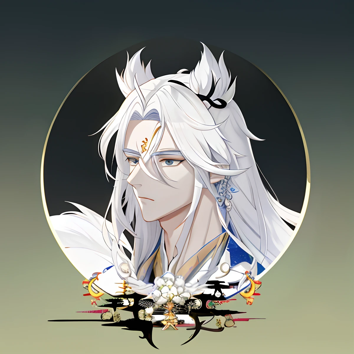 There is a photo of a man with white hair and a crown, White-haired fox, heise jinyao, Inspired by Bian Shoumin, White-haired god, xianxia hero, Keqing from Genshin Impact, yee chong silverfox, white fox anime, White fox, xianxia fantasy, Cai Xukun, Xianxia, drak
