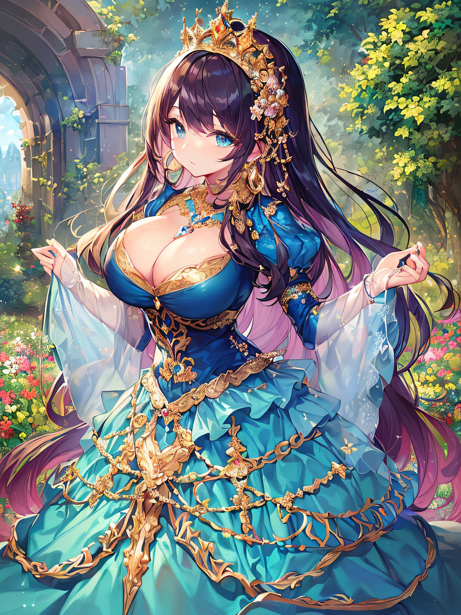 ((anime artstyle)),(Masterpiece),(Best Quality), (Super Detail),((Very Delicate and Beautiful)),(((Solo))),((full body portrait)),(((1 princess in gorgeous princess rococo ballgown with voluminous full length hoop skirt))),((crinoline)),Long train,((standing in garden)),(gorgeous gemstone jewelry),detailed face and eyes,jewel-like eyes,((large amount of straight hair,extremely voluminous Hair,Very Long Straight Hair)),((gigantic tits,Long tits)),cleavage,extremely gorgeousfull hair ornament,((bling-bling extremely gorgeousfull jeweled tiara)),((Dynamic Angle)),Looking at viewer,,flowers,flower petals flowing,(((gorgeous princess rococo ballgown with voluminous full length hoop skirt)))