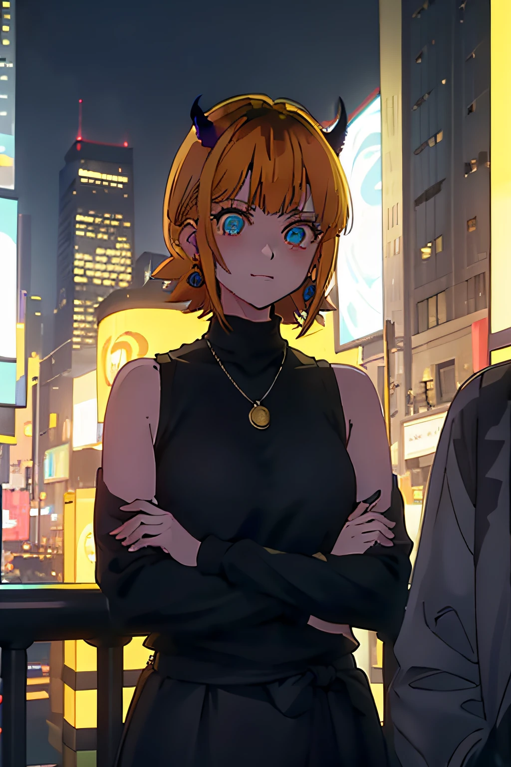 (high resolution, best quality, blue sweatshirt below arms, waist level photo, stainding up, wooled black sleeveless turtleneck shirt, close up, solo, 1 person), mem-cho, blue sky, very small horns acessory, blue eyes, grey skirt, detailed eyes, detailed face, earrings, ((cat smile)), outside, pedestrian road, night sky, detailed illumination, yellow hair, times square, casual clothing, collar, posing against the wall, young adult, holding cellphone