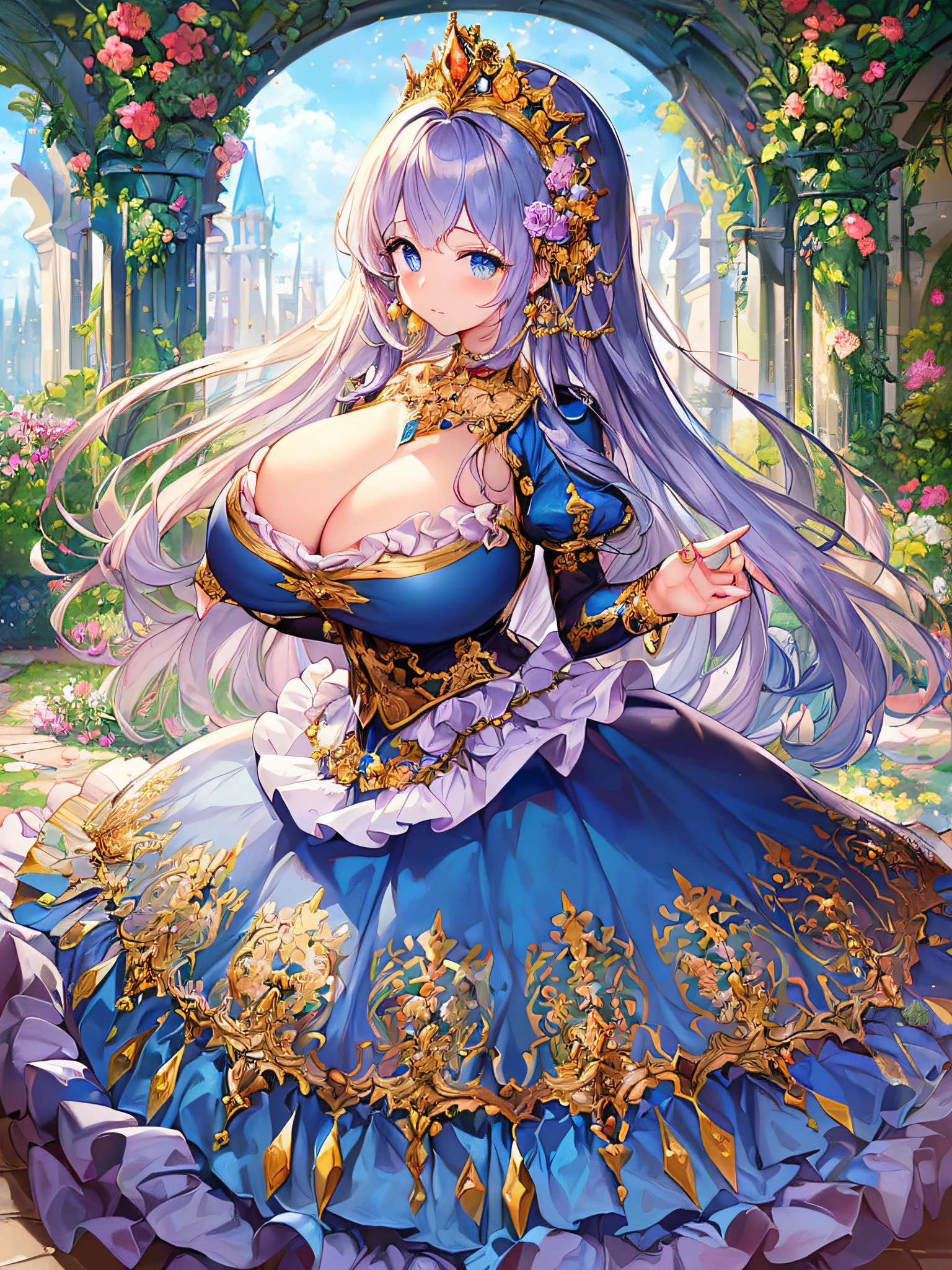 ((anime artstyle)),(Masterpiece),(Best Quality), (Super Detail),((Very Delicate and Beautiful)),(((Solo))),((full body portrait)),(((1 princess in gorgeous princess rococo ballgown with voluminous full length hoop skirt))),((crinoline)),Long train,((standing in garden)),(gorgeous gemstone jewelry),detailed face and eyes,jewel-like eyes,((large amount of straight hair,extremely voluminous Hair,Very Long Straight Hair)),((gigantic tits,Long tits)),cleavage,extremely gorgeousfull hair ornament,((bling-bling extremely gorgeousfull jeweled tiara)),((Dynamic Angle)),Looking at viewer,,flowers,flower petals flowing,(((gorgeous princess rococo ballgown with voluminous full length hoop skirt)))