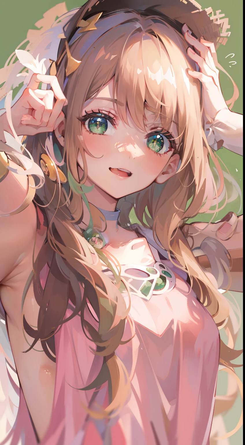 (masterpiece), best quality, ultra high res, sharp focus, ((1 woman, solo)), (warm pastel color),
pink shade toned, perfect feminine face, upper body, medium long shot, MLS, background blur only focus on face, beautiful detailed hair, chesnut brown hair, long hair tumbles down, ((beautiful shape eyes, green eyes)), beautiful detailed face, smiles warmly, look at the viewer, coquette clothes, model pose