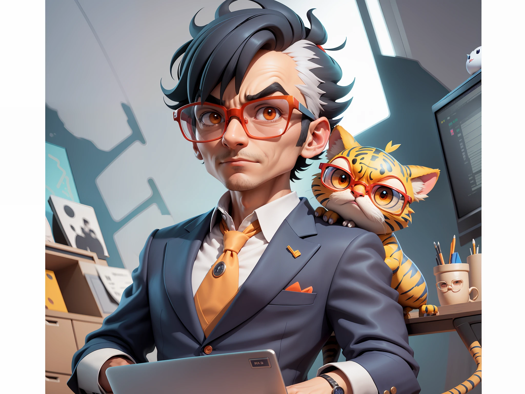 A young man in a suit, Short hair and glasses sat at his desk,holding laptop,digitial painting,tigre,3D character design by Mark Clairen and Pixar and Hayao Miyazaki and Akira Toriyama,4K HD illustration,Very detailed facial features and cartoon-style visuals。