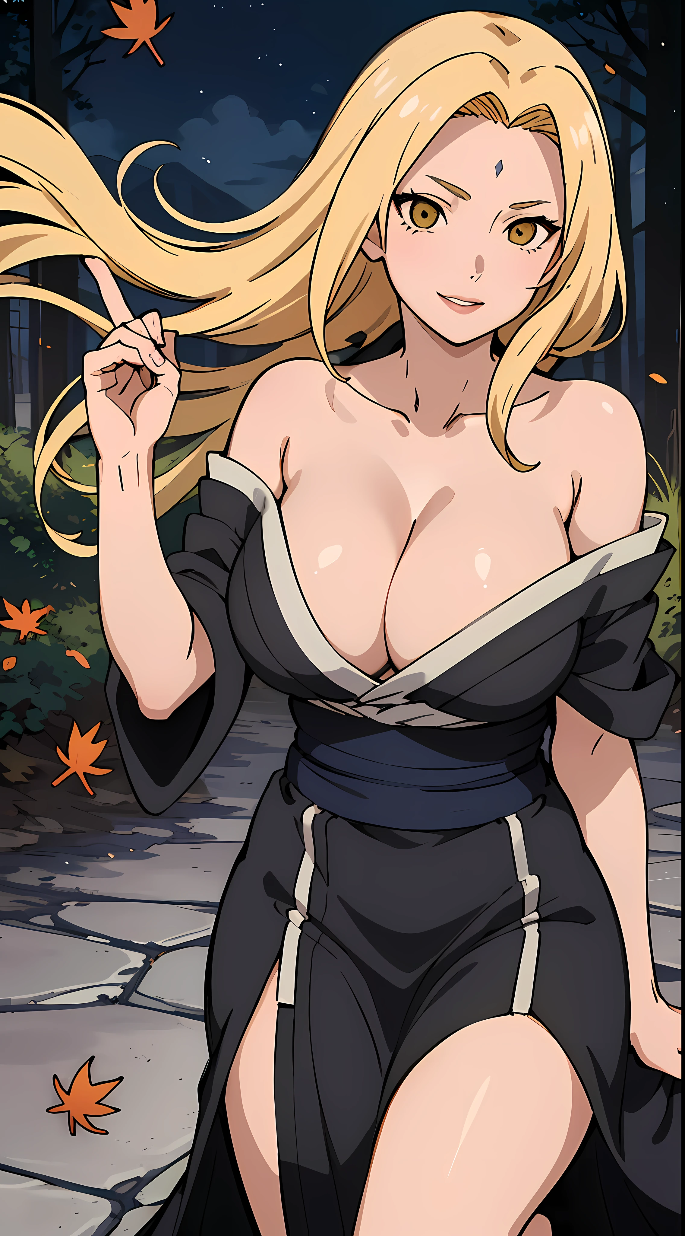 TsunadeNS, tsunade_senju, woman delicate, beautiful fingers, beautiful bright eyes, delicate hands, impossible clothes, taut shirt, thighs, sweet, (best illumination, an extremely delicate and beautiful), (exceptional, best aesthetic, new, newest, extremely detailed, anime:1.2), intricate_detail, official art, finely detailed beautiful face, overexposure, 1girl, solo, huge and saggy breasts, kimono, cleavage, smile, (depth of field), full body, (yellow hair:1.4), lips, alcohol, bottle, sake_bottle, cup, holding, off_shoulder, (masterpiece), (best quality), (ultra-detailed), sharp focus, detailed face, ((perfect anatomy)), long hair, (arm + hand + 1_thumb), Five fingers each, perfect hands, (best shadow), high-resolution illustration, 8k, dark intense shadows, high resolution, (beautiful detailed face), ((high contrast)), ((cinematic light)), high quality anime, anime art style, perfect lighting, (intricate details), colorful, hyper detail, dynamic angle, light around the character, particles, (Behavior: relaxed, carefree, free-spirited), open sky, (highly detailed background:1.0), soft lighting, (very detailed background:1.0), ((landscapedwith beautiful in the background, wind in the forest with many falling leaves and beautiful clouds)), (best possible illustration), water and rivers, mountains and nature, tree and leaves, wind and particles