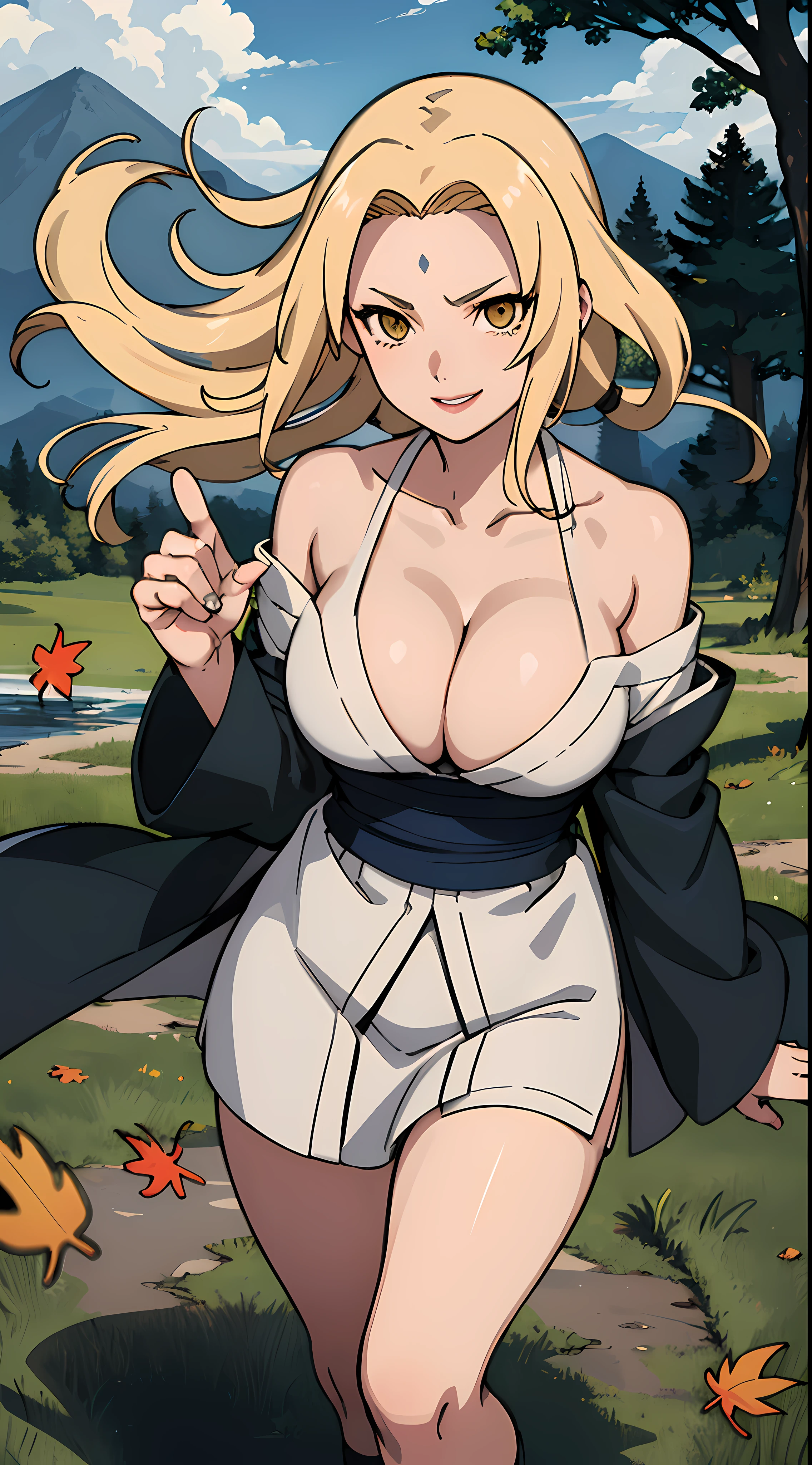 TsunadeNS, tsunade_senju, woman delicate, beautiful fingers, beautiful bright eyes, delicate hands, impossible clothes, taut shirt, thighs, sweet, (best illumination, an extremely delicate and beautiful), (exceptional, best aesthetic, new, newest, extremely detailed, anime:1.2), intricate_detail, official art, finely detailed beautiful face, overexposure, 1girl, solo, huge and saggy breasts, kimono, cleavage, smile, (depth of field), full body, (yellow hair:1.4), lips, alcohol, bottle, sake_bottle, cup, holding, off_shoulder, (masterpiece), (best quality), (ultra-detailed), sharp focus, detailed face, ((perfect anatomy)), long hair, (arm + hand + 1_thumb), Five fingers each, perfect hands, (best shadow), high-resolution illustration, 8k, dark intense shadows, high resolution, (beautiful detailed face), ((high contrast)), ((cinematic light)), high quality anime, anime art style, perfect lighting, (intricate details), colorful, hyper detail, dynamic angle, light around the character, particles, (Behavior: relaxed, carefree, free-spirited), open sky, (highly detailed background:1.0), soft lighting, (very detailed background:1.0), ((landscapedwith beautiful in the background, wind in the forest with many falling leaves and beautiful clouds)), (best possible illustration), water and rivers, mountains and nature, tree and leaves, wind and particles