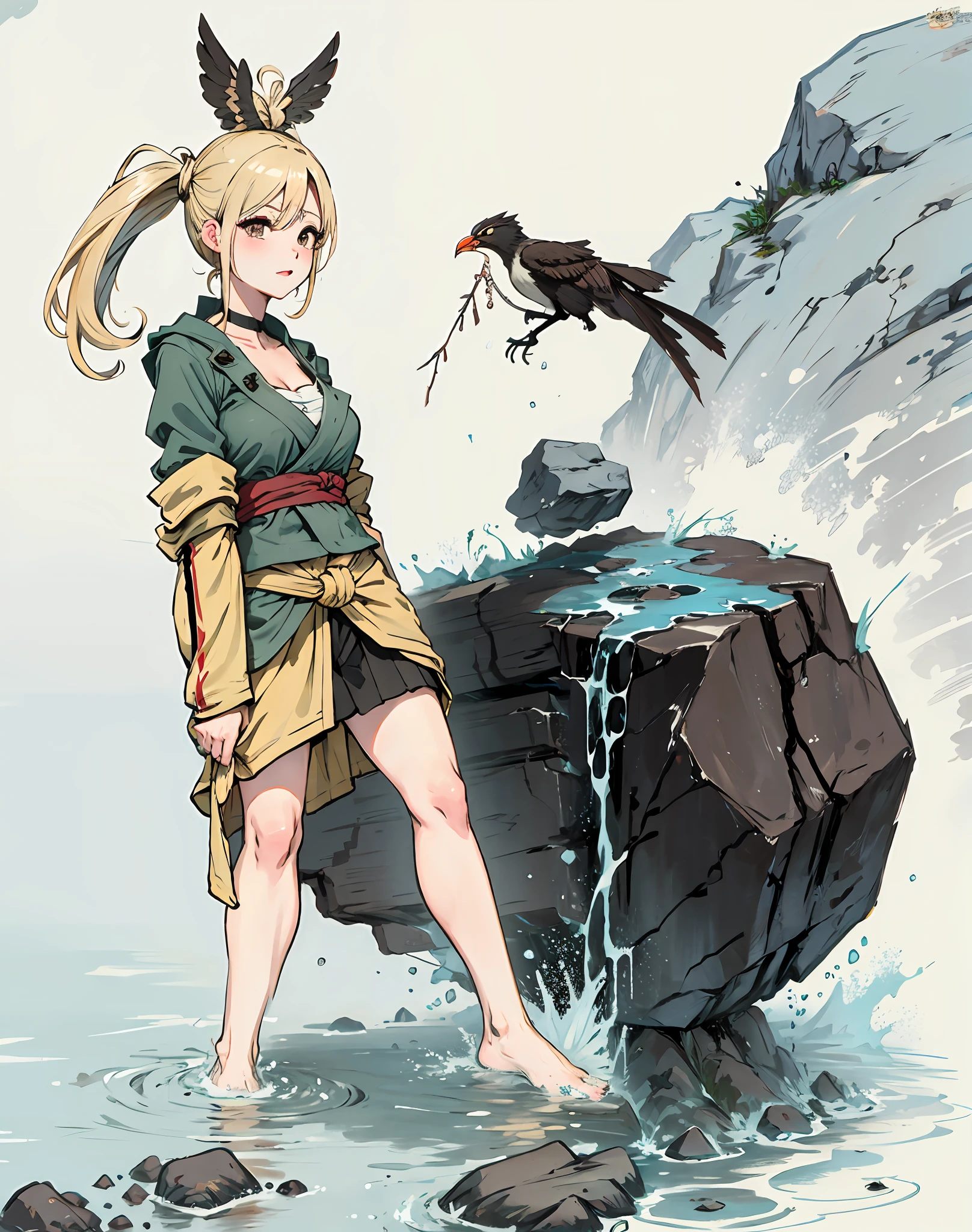 Feet on rocks and flowing water，Splashes
