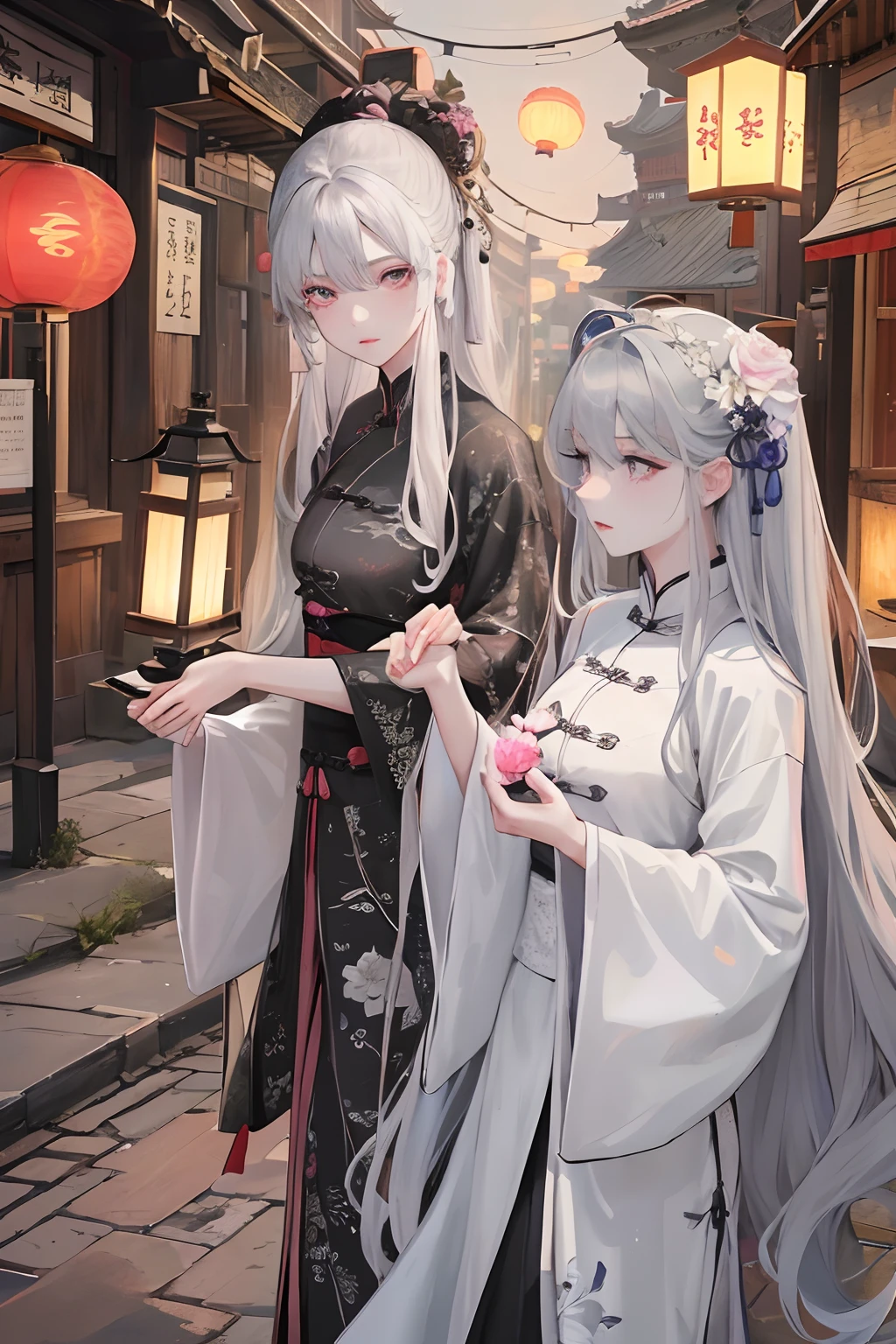 Masterpiece, Best quality, Night, full moon, 1 girl, Mature woman, Chinese style, Ancient China, Sisters, Royal Sisters, Grim expression, Faceless, Silver white long haired woman, Light pink lips, calm, Intellectual, tribelt, Gray pupils, assassins, Flower lanterns, holding lantern, flower ball background, Stroll through the street landscape