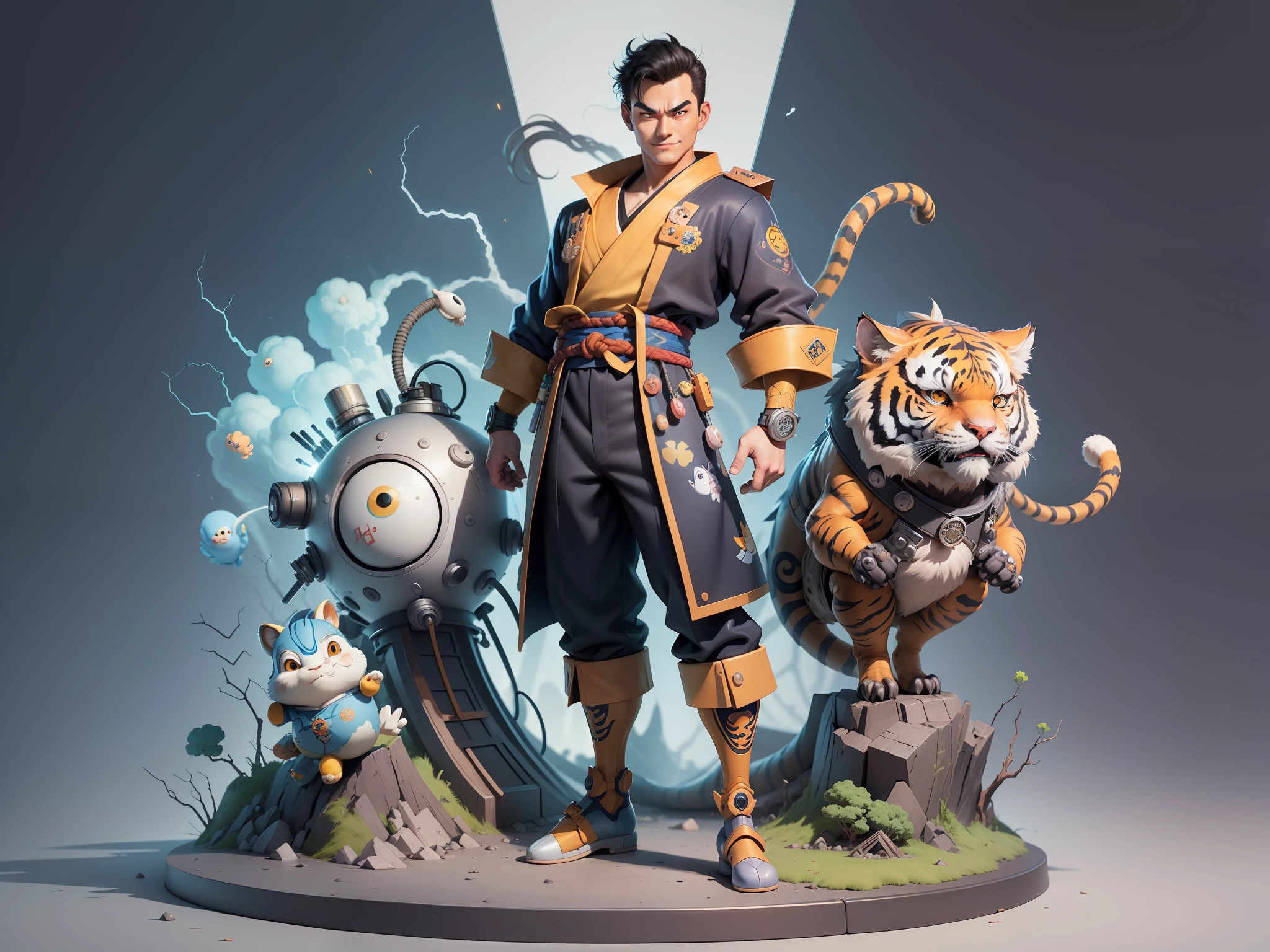 (Masterpiece), (Excellent), (Super Meticulous), (Full Body: 1.2), Super Young Man, Oriental Face, Japanese Kimono, Japanese Wind Thunder God, Dragon, Tiger, TV Anchor, Bust Portrait Illustration, Alone, Black Suit, Blue Tie, Slightly Chubby Face, Very Clean Face, No Beard, Black Super Short Hair, Black Eyes, Confident Smile, 3c Computer Sub-Products, iPad, iPhone, Digital Painting, 3D Character Design by Akira Toriyama and Mark Claireden and Pixar and Hayao Miyazaki, The illustration is a high-definition illustration in 4K resolution with very detailed facial features and cartoon-style visuals.