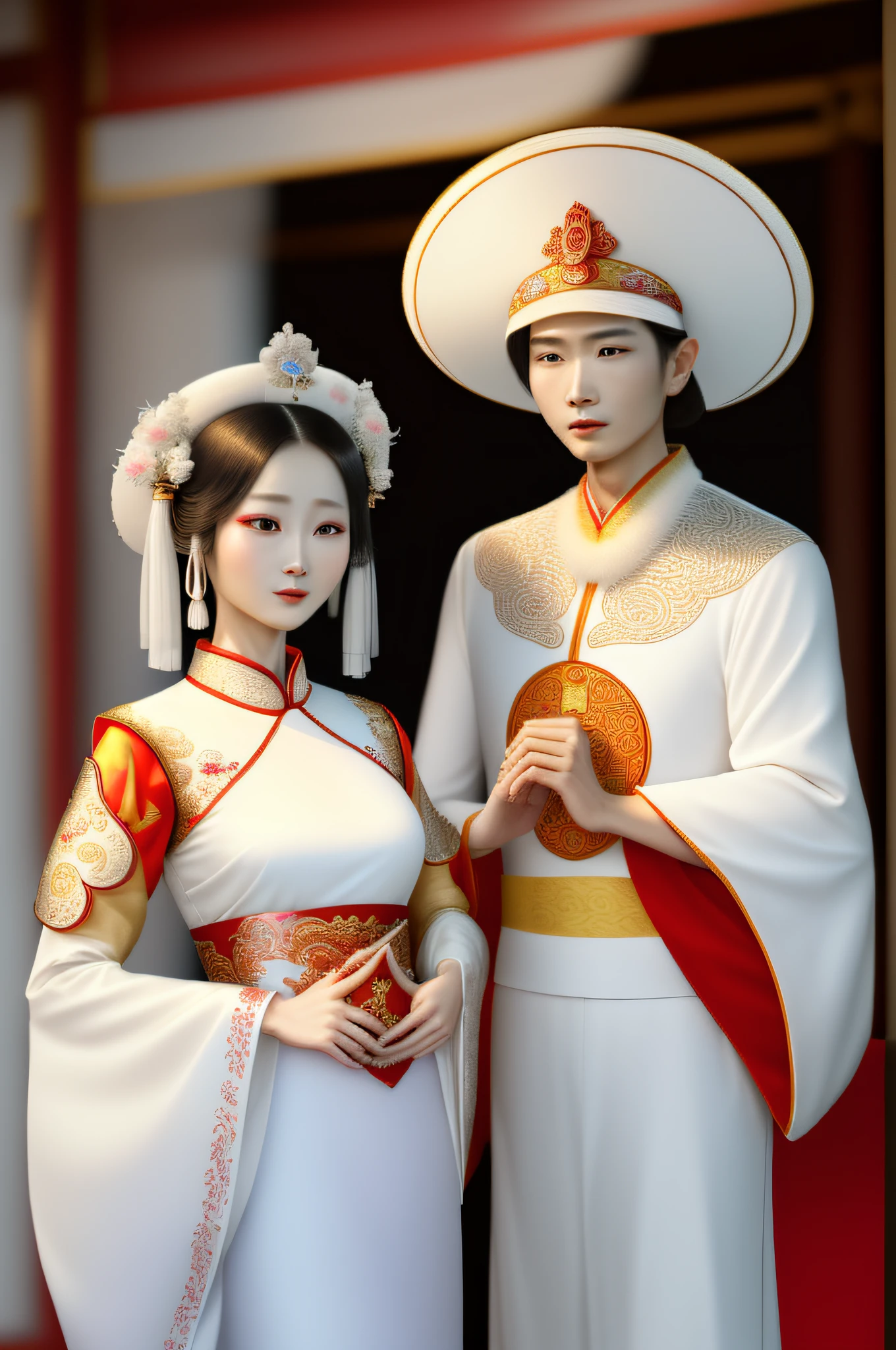 araffe dressed in a white dress and a hat with a fan, chinese empress, tai costume, traditional tai costume, traditional costume, peking opera, queen of the sea mu yanling, javanese mythology, traditional clothes, in style of lam manh, chinese costume, duy beni serial, traditional chinese, traditional dress, wearing an ornate outfit