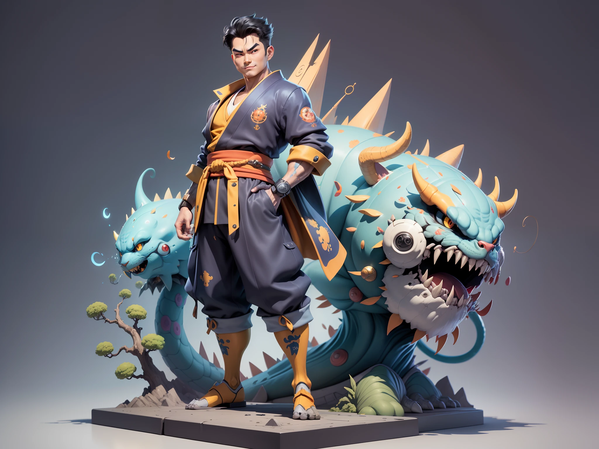 (Masterpiece), (Excellent), (Super Meticulous), (Full Body: 1.2), Super Young Man, Oriental Face, Japanese Kimono, Japanese Wind Thunder God, Dragon, Tiger, TV Anchor, Bust Portrait Illustration, Alone, Black Suit, Blue Tie, Slightly Chubby Face, Very Clean Face, No Beard, Black Super Short Hair, Black Eyes, Confident Smile, 3c Computer Sub-Products, iPad, iPhone, Digital Painting, 3D Character Design by Akira Toriyama and Mark Claireden and Pixar and Hayao Miyazaki, The illustration is a high-definition illustration in 4K resolution with very detailed facial features and cartoon-style visuals.