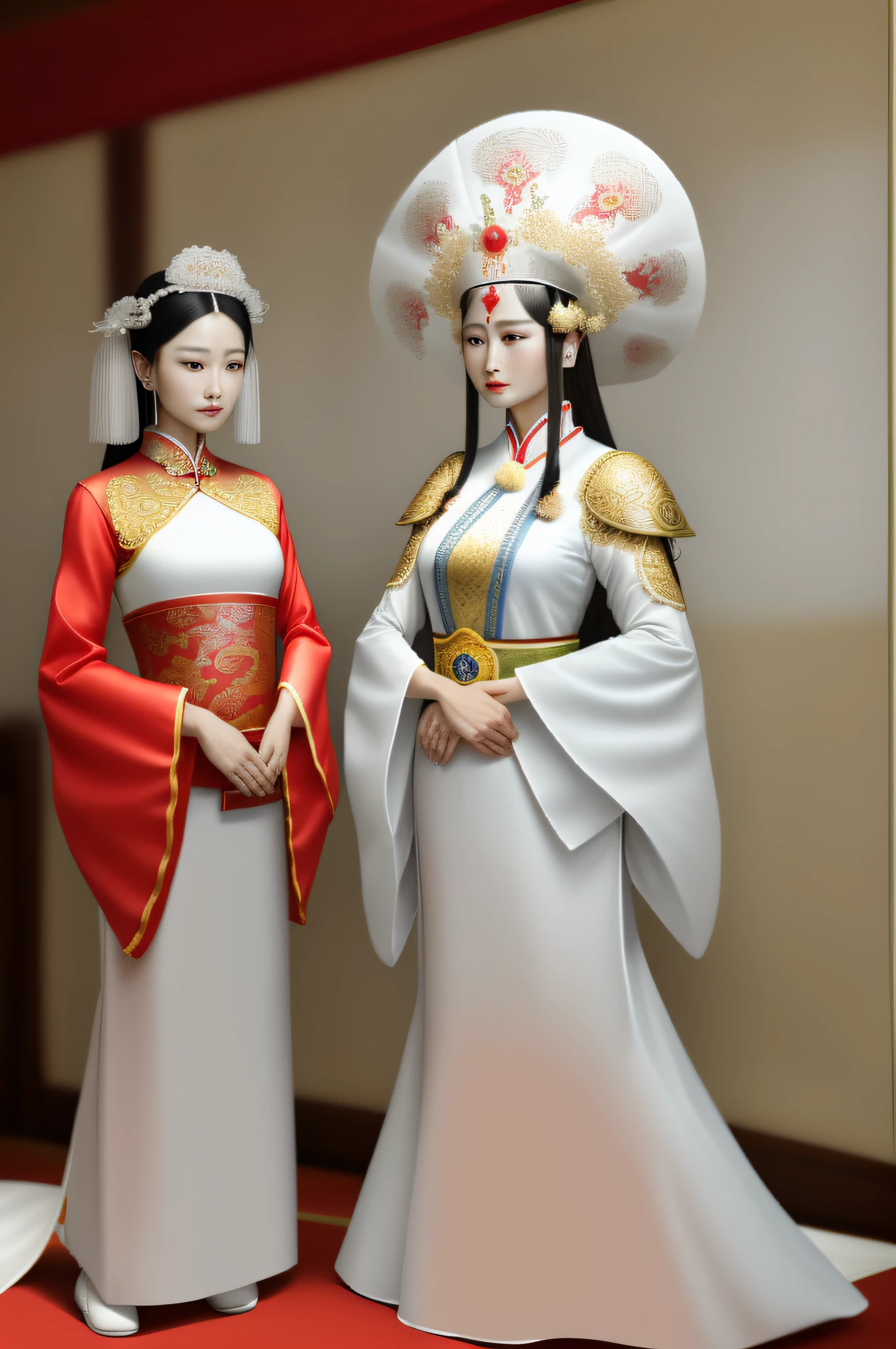 araffe dressed in a white dress and a hat with a fan, chinese empress, tai costume, traditional tai costume, traditional costume, peking opera, queen of the sea mu yanling, javanese mythology, traditional clothes, in style of lam manh, chinese costume, duy beni serial, traditional chinese, traditional dress, wearing an ornate outfit