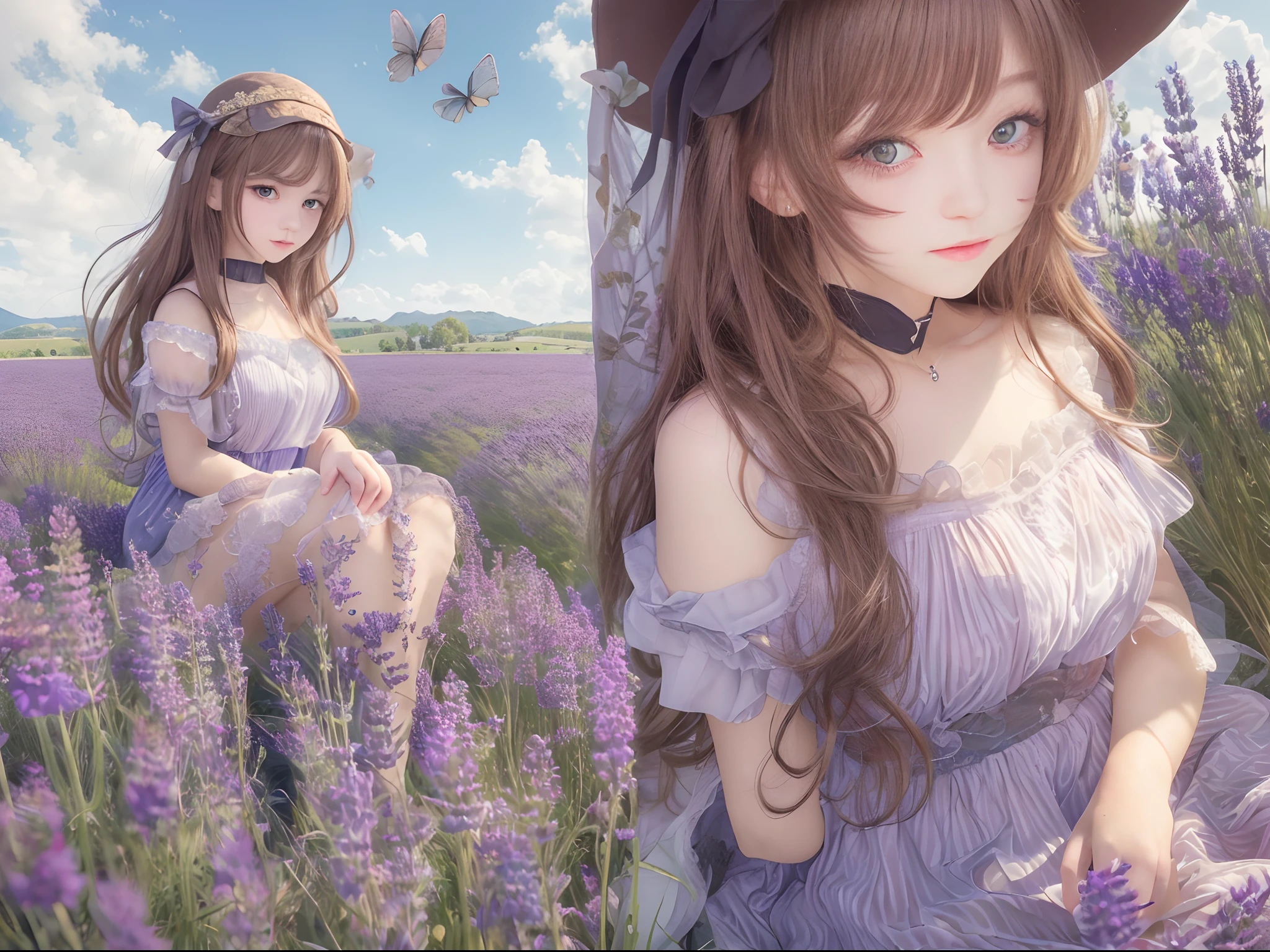 (( Real Light, Top Quality, 8k, Masterpiece: 1.3)), Normal Body Shape: 1.4, (Brown Hair, Colossal: 1.8),sitting , Open Legs, Ultra Detailed Face, Detailed Eyes, Double Eyelids, ????? school girls in the lavender field