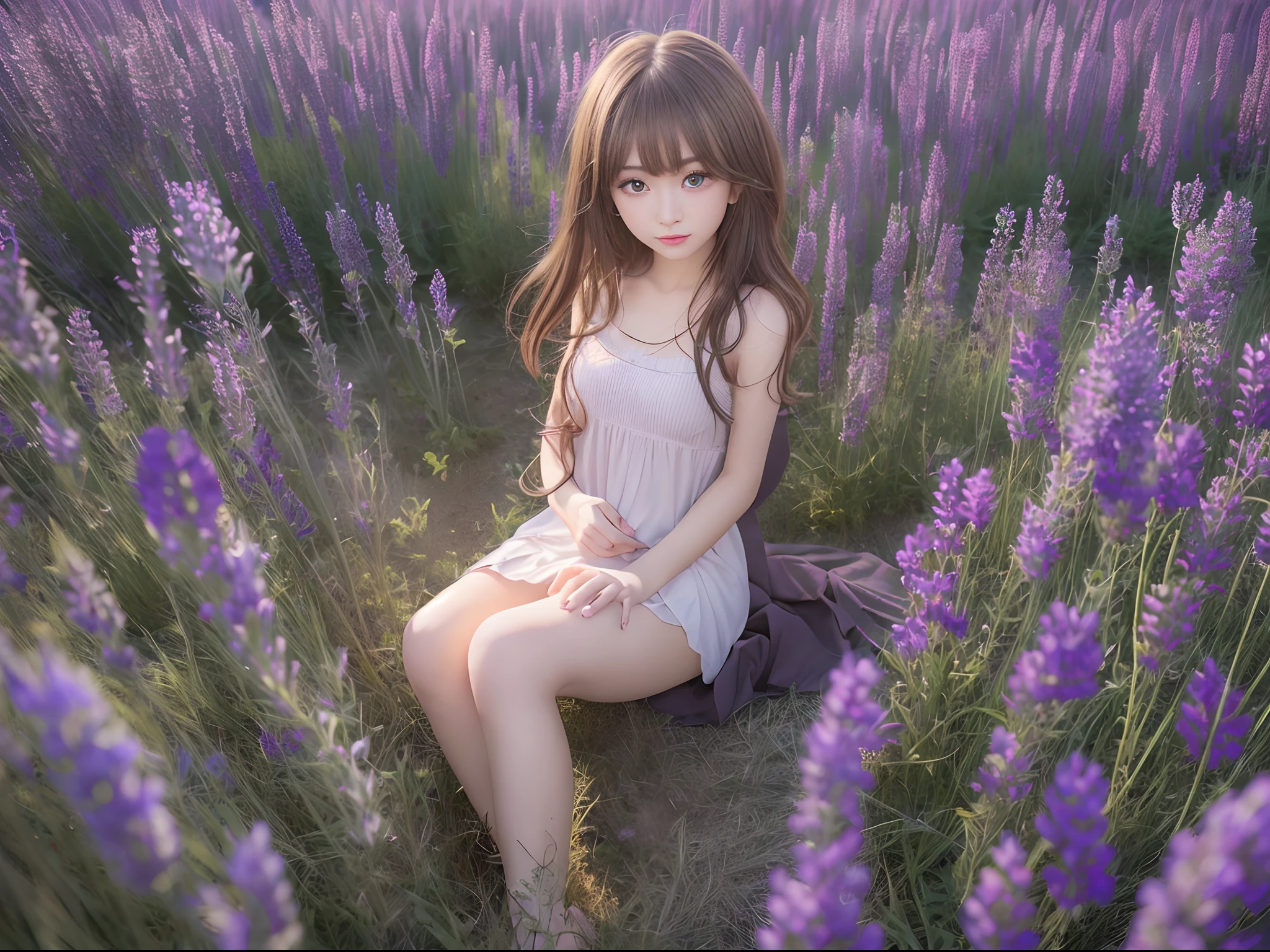 (( Real Light, Top Quality, 8k, Masterpiece: 1.3)), Normal Body Shape: 1.4, (Brown Hair, Colossal: 1.8),sitting , Open Legs, Ultra Detailed Face, Detailed Eyes, Double Eyelids, naked school girls in the lavender field