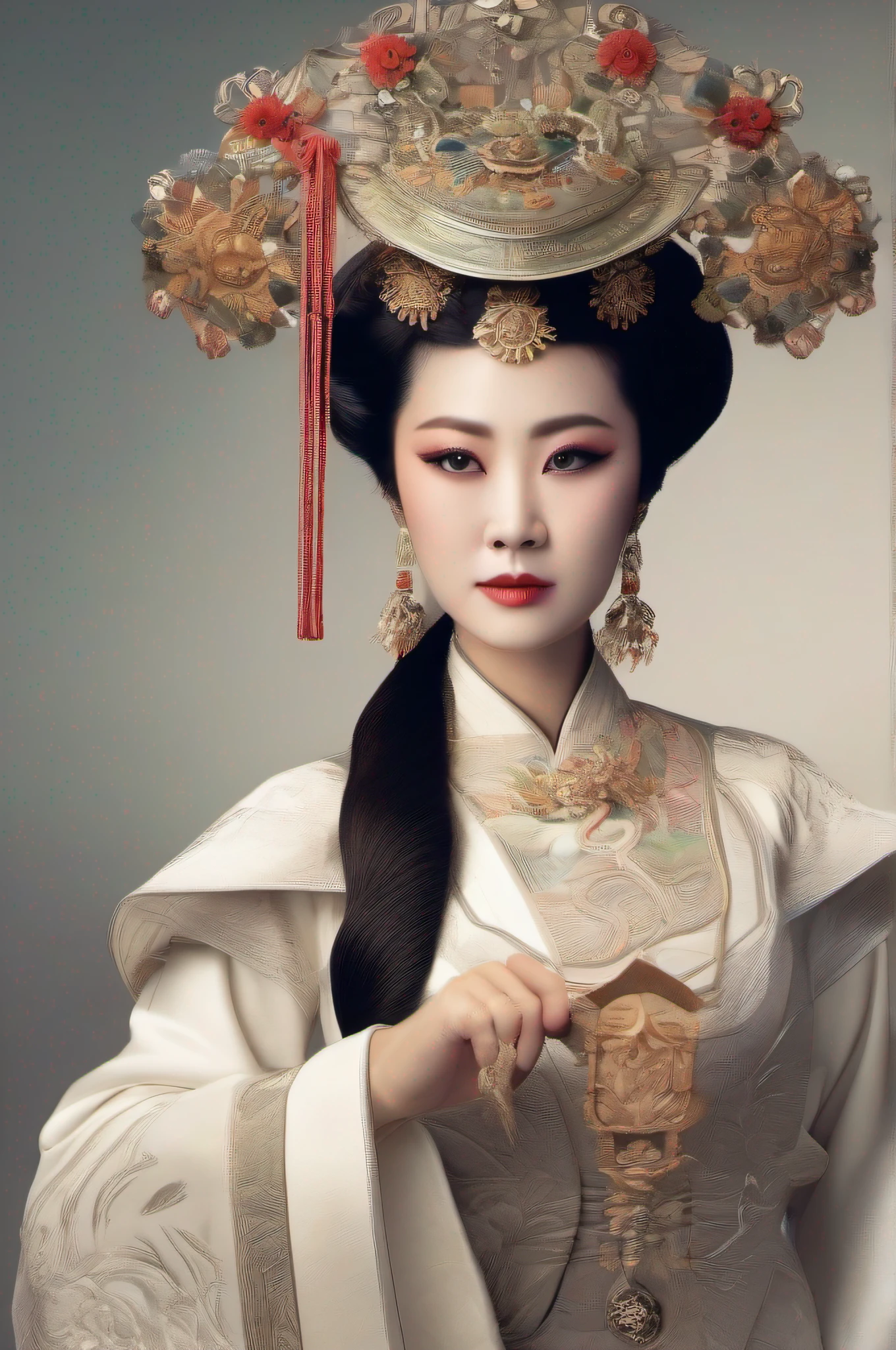 araffe dressed in a white dress and a hat with a fan, chinese empress, tai costume, traditional tai costume, traditional costume, peking opera, queen of the sea mu yanling, javanese mythology, traditional clothes, in style of lam manh, chinese costume, duy beni serial, traditional chinese, traditional dress, wearing an ornate outfit
