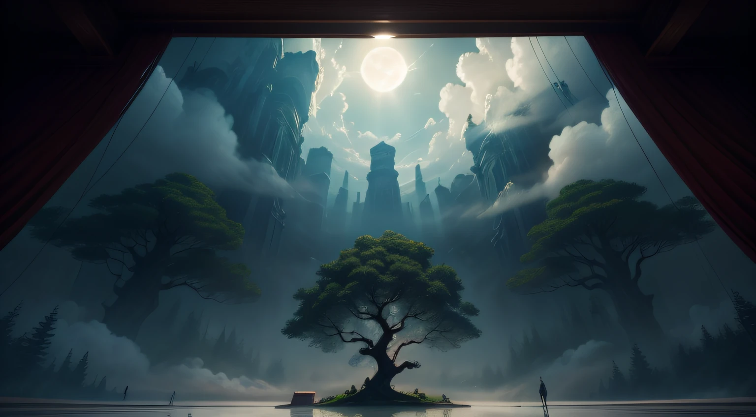 Ceiling frescoes，China ink painting，look from down，super perspective，scattered perspective，An infinite extension of the sky，mist，​​clouds，burial site，Neon amber moon，The realm of mystery，Floating forest，mist，​​clouds，Huge tree trunk，Tomb-colored translucent fog rain，iintricate，Balanced composition，Proper tension and density，Evocative，Decent posture， Extremely low lens， 32k UHD， Mega Pixel， The light from the back window is backlighted， volumetr， unreal-engine