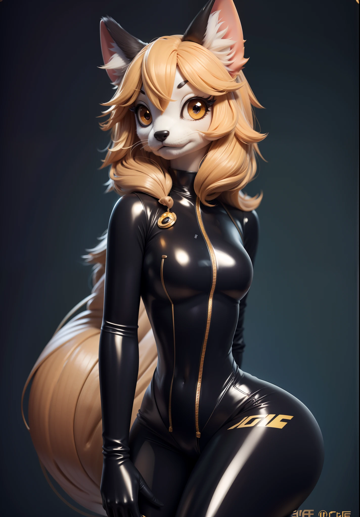 There is a stuffed toy，Wear clothing all over，latex suit，SFW version，detailed full body，full body detailed，highly detailed whole body，silver eyes full body，whole body picture，full body shooting hyper detail，Latex clothing，Hairy head，Gold eyes