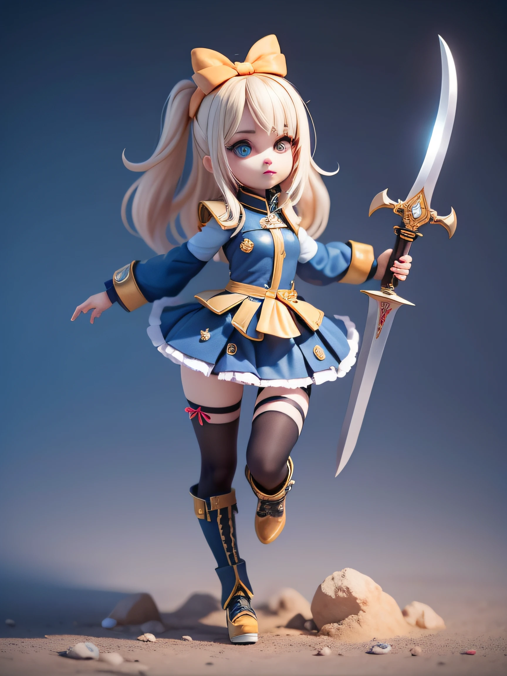 mascote feminina, pequena, corpo pequeno, Ray-tracing, cintura fina, pequena, com vestes antigas, detalhadas, vestes russas, roupas de frio, hot pants e botas, with sword in hand, arma futurista apontando para esquerda, pose para esquerda, espada estilo doom detalhada, espada grande com cores variadas, Espada futurista, cintura pequena, luz complexa, espada cyberpunk em punho, sock with horizontal stripes in two colors up to the thigh, luz complexa, wool, pants with many folds, luvas exclusivas, dynamic position, visual escuro, visual escuro, giant sword in hand, Atacando, cintos em volta da cintura, bainha detalhada, espada laser gigante, visual escuro, shorts, sombria, Olhos vermelhos, Traits I didn't bring, prints, pulseira de espinhos grandes, cabelo curto, Magias de poder,High subsurface, High subsurface, occlusion environment, ((visual sombrio)), visual escuro, trajes pretos, cabelo curto, luvas grandes, Bodysuit, (cabelos presos), cabelos divididos em dois, full-body vision, hair tied with ribbons and large bows, joelheiras detalhadas, ((cabelos pretos)), ((blue short dress com rasgo na cintura estiloso)),Kombat mortal, top detalhado, ombreiras rica em detalhes, Bota coxa-alta, cabelo dividido em dois, Carimbado, red details