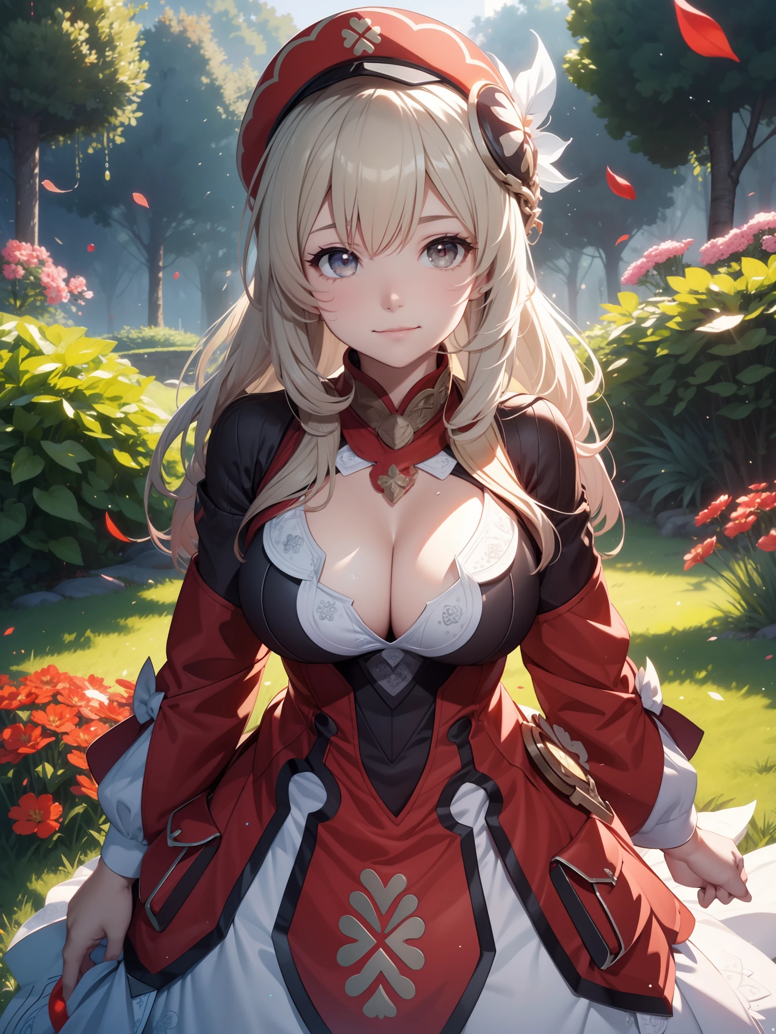 "the Extremely Detailed CG Unity 8K Wallpapers，tmasterpiece，Best Picture Quality，Super fine，，【😊Colorful forest，depth of fields，Numerous splashing droplets:1.2，petals，Toys surround，ventania，foliage，grassy fields，volumettic light】Close-up shot，cleavage，Girl with thick fat chunky physique，Be red in the face，ssmile，sportrait