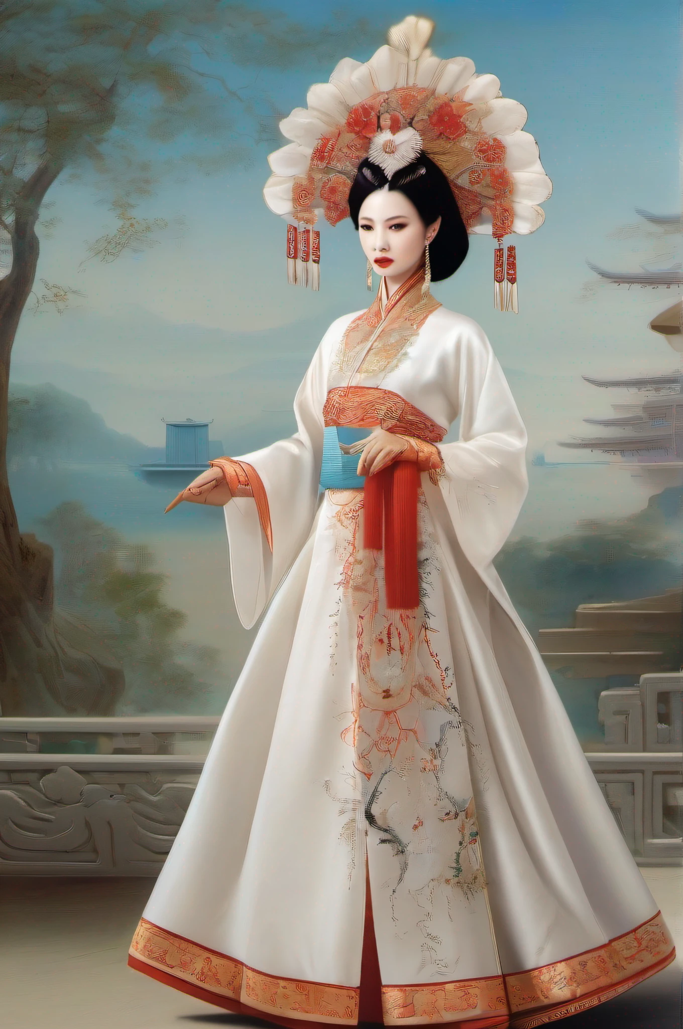 araffe dressed in a white dress and a hat with a fan, chinese empress, tai costume, traditional tai costume, traditional costume, peking opera, queen of the sea mu yanling, javanese mythology, traditional clothes, in style of lam manh, chinese costume, duy beni serial, traditional chinese, traditional dress, wearing an ornate outfit