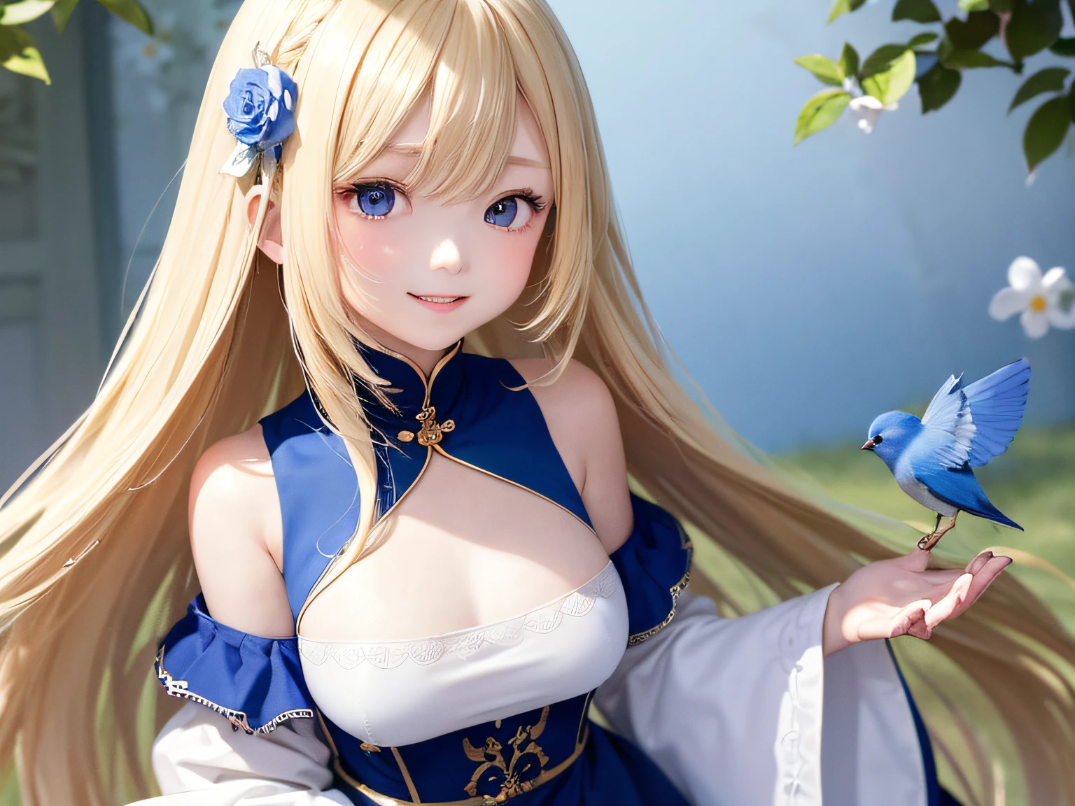 top-quality、masterpiece、a blond、Aimei、blue clothing、look up to、The upper part of the body、light skinned、The long-haired、A smile、Cute clothes、Flower Garden、bluebird (Fine、crisp image、Hyper-Resolution、Very surprising details、Superb Detail)、bluebird