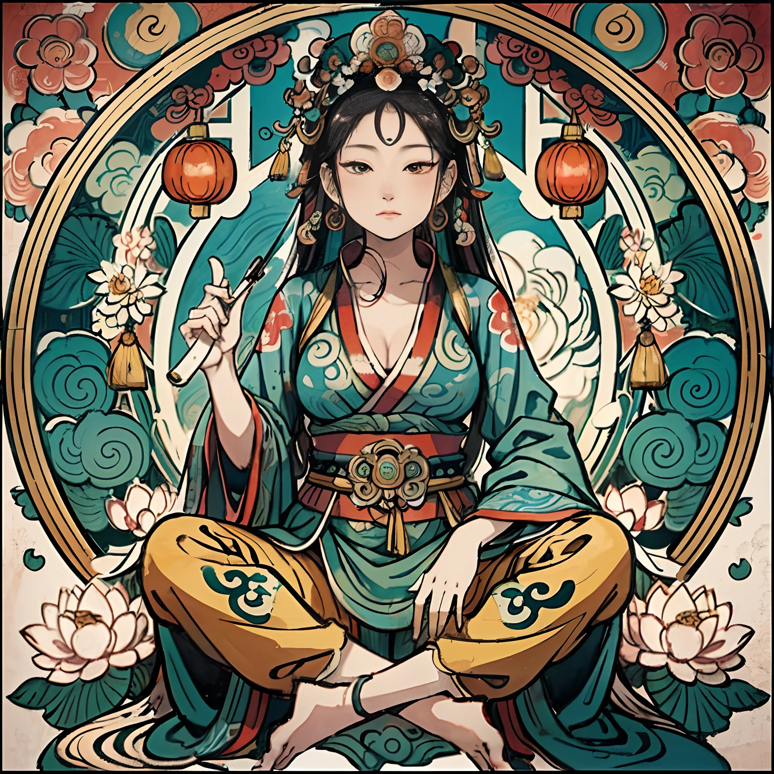 an ancient Chinese goddess, guanyin of the southern seas, Guanyin, Inspired by India, Avalokiteshvara Bodhisattva Tiger,,Serene expression,shui mo hua,Buddha,Buddhist,Lotus,Chinese painting style,Thangka style