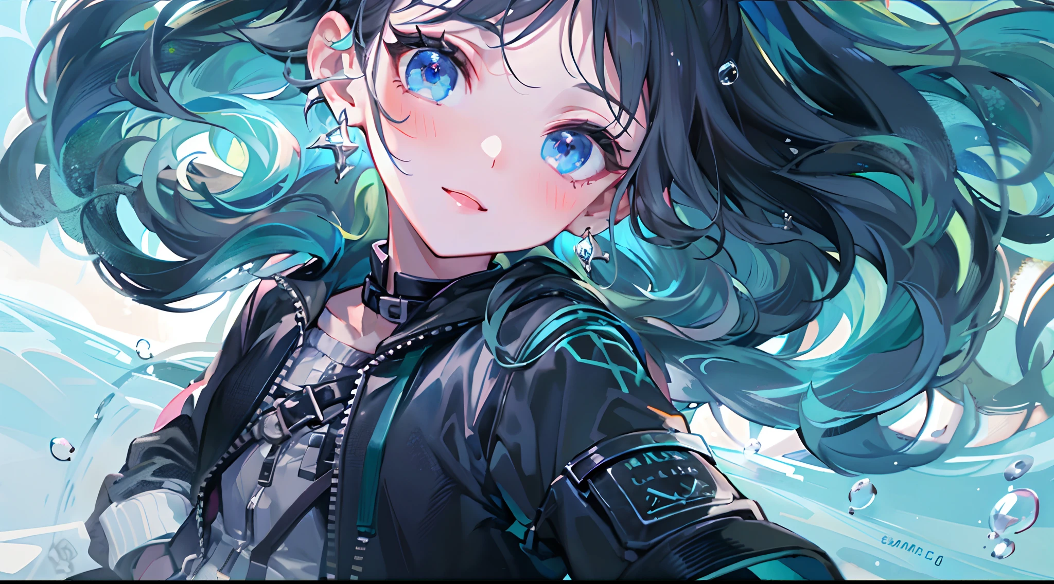 ((top-quality)), ((masterpiece)), ((ultra-detailliert)), (extremely delicate and beautiful), girl with, 独奏, cold attitude,((Black jacket)),She is very(relax)with the(Settled down)Looks,A dark-haired, depth of fields,evil smile,Bubble, under the water, Air bubble,bright light blue eyes,Inner color with black hair and light blue tips,Cold background,Bob Hair - Linear Art, shortpants、knee high socks、Camisole inner shirt、Hands in pockets