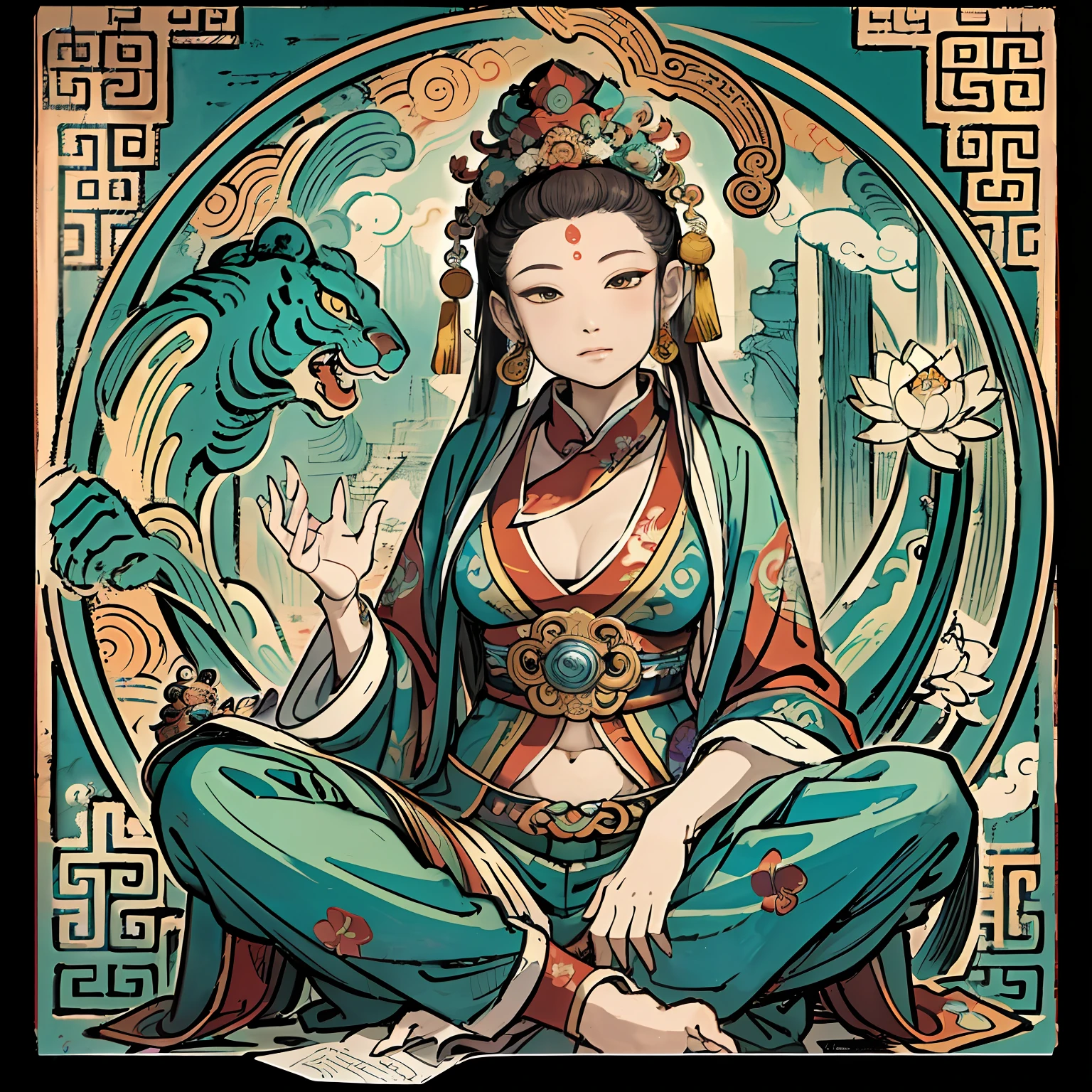 an ancient Chinese goddess, guanyin of the southern seas, Guanyin, Inspired by India, Avalokiteshvara rides a dragon,Serene expression,shui mo hua,Buddha,Buddhist,Lotus,Chinese painting style,Thangka style