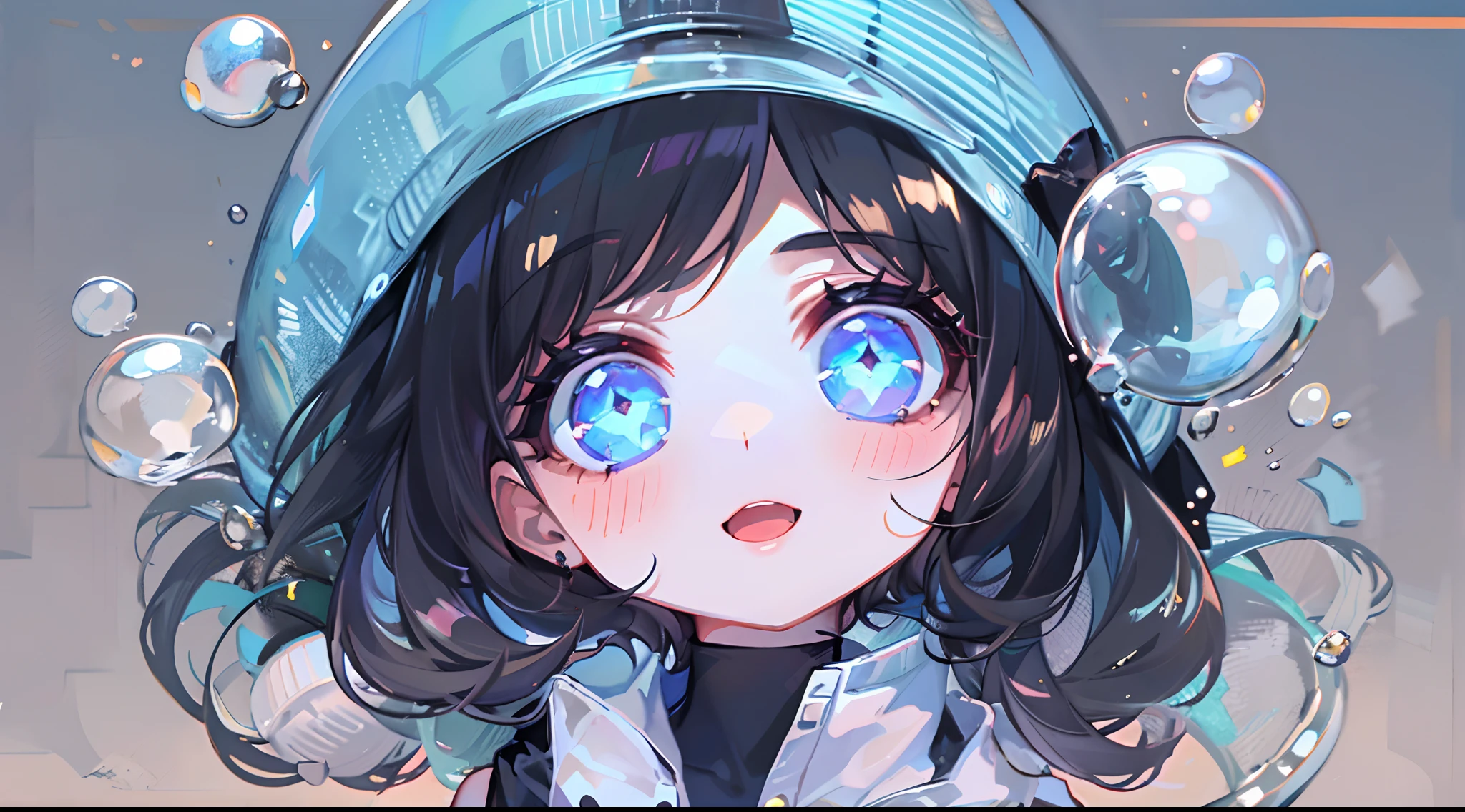 ((top-quality)), ((​masterpiece)), ((ultra-detailliert)), (extremely delicate and beautiful), girl with, 独奏, cold attitude,((Black jacket)),She is very(relax)with  the(Settled down)Looks,A dark-haired, depth of fields,evil smile,Bubble, under the water, Air bubble,bright light blue eyes,Inner color with black hair and light blue tips,Cold background,Bob Hair - Linear Art, shortpants、knee high socks、Camisole inner shirt