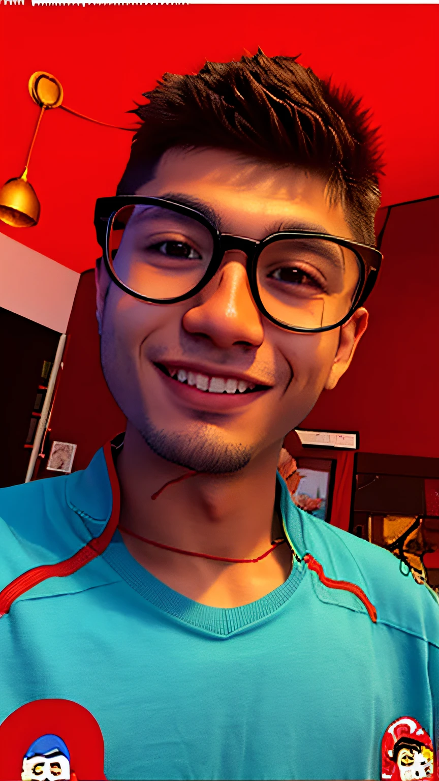 There's a boy in glasses and a red shirt, mateus 9 5, 1 6 anos, imagem frontal, leve sorriso nerd, 13 anos, Mateo Dineen, 18 anos, Streamer do Twitch / Jogador Ludwig, Directed by: Nandor Soldier, tommy 1 6 anos de idade, Foto realista, caio santos anime