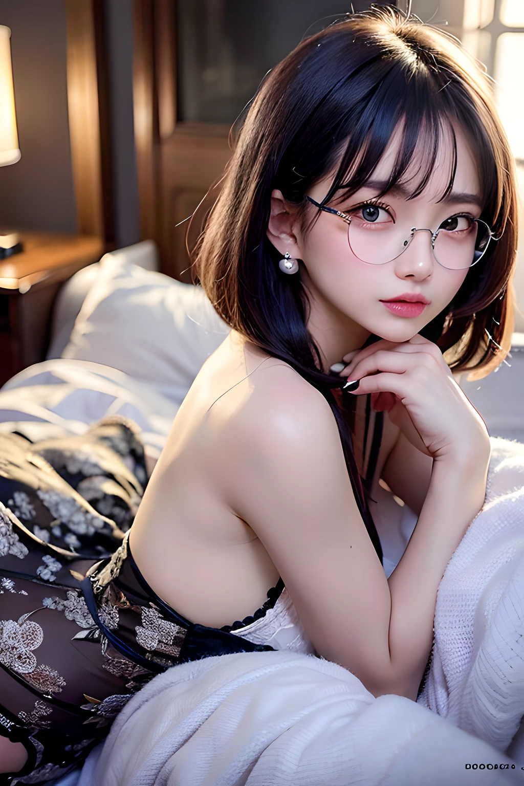 ((of the highest quality, 8K, masutepiece: 1.3, Raw photo)), Sharp Focus: 1.2, (1 AESPA Girl :1.1), Solo, (Realistic, Photorealistic: 1.37), (Face Focus: 1.1), Cute face, hyperdetailed face, (short messy hair: 1.2), Small Smile, Small breasts, flat chest, full nude, ruffle skirt, multilayer skirt, black chiffon panties, Thigh, night bar, books, flower, lily