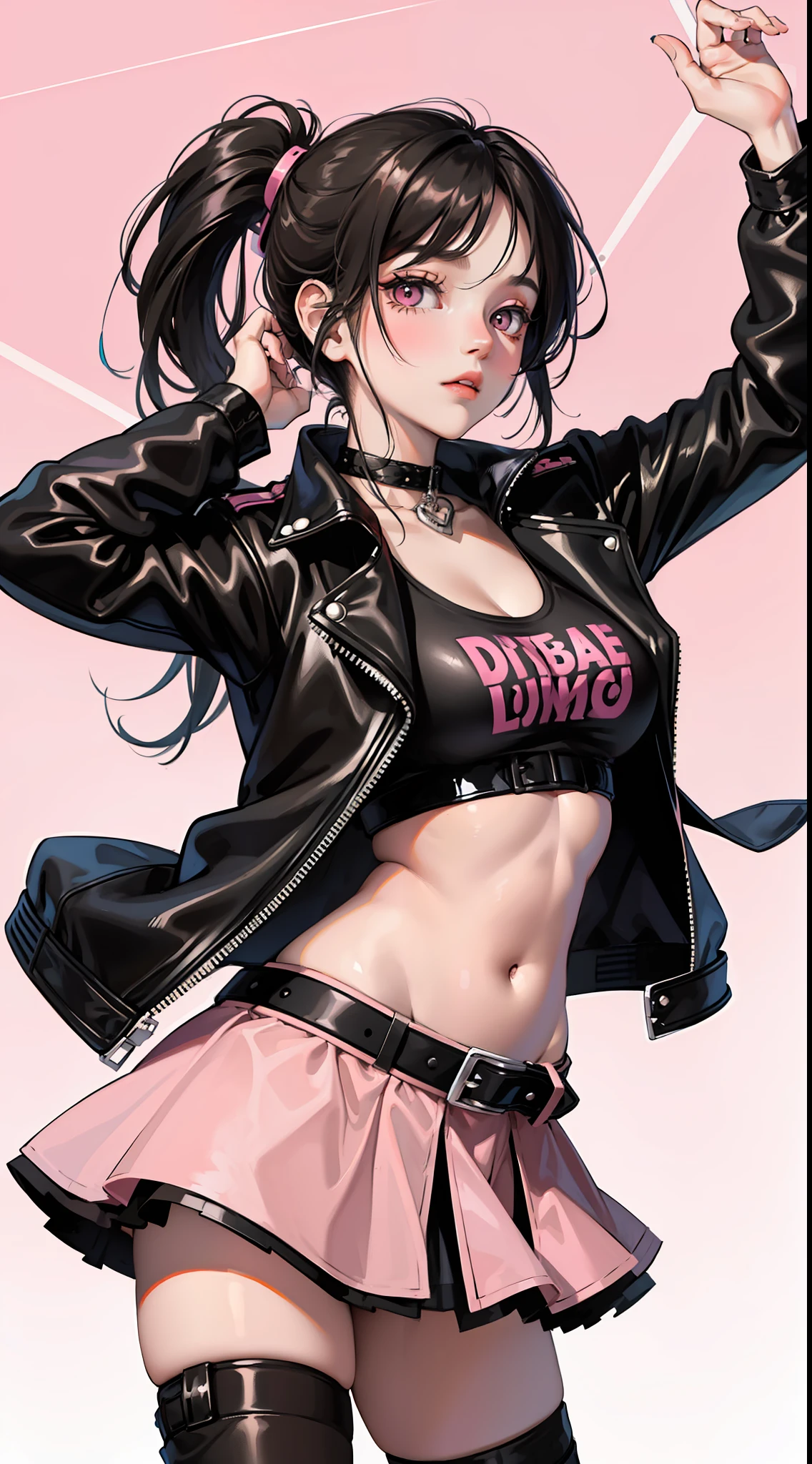 young girl, Long black hair in two ponytails, pink eyes, punk, leather jacket, Upskirt, open belly, open breasts, Masterpiece, hiquality