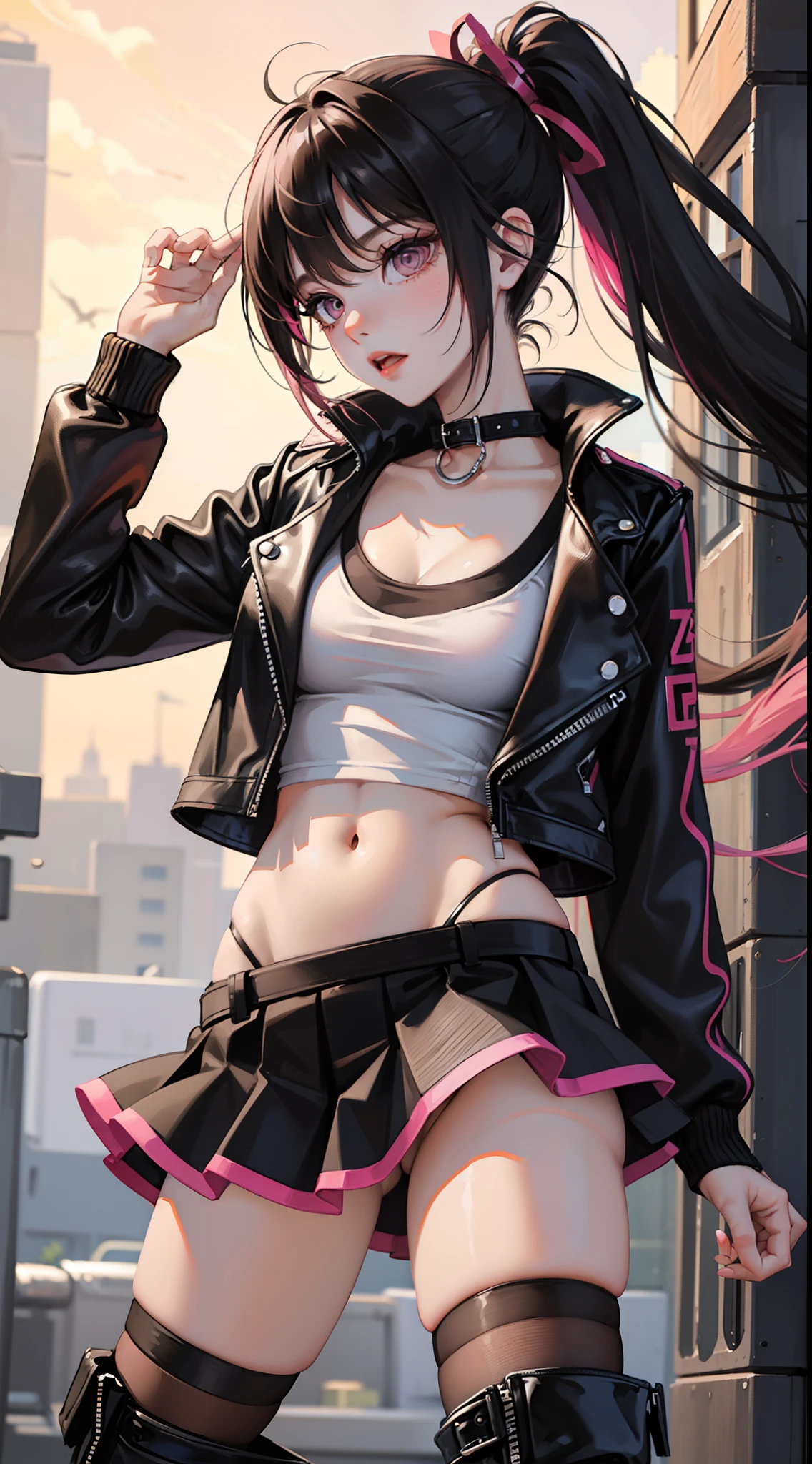 young girl, Long black hair in two ponytails, pink eyes, punk, leather jacket, Upskirt, open belly, open breasts, Masterpiece, hiquality