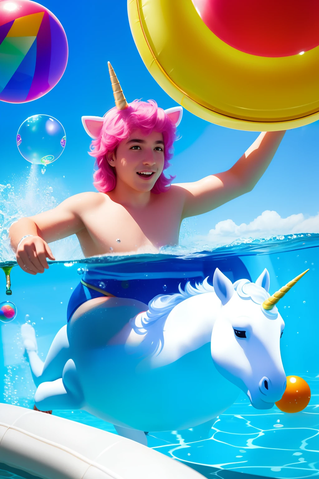 A children's animator in a unicorn costume is in a pool with balls and inflates soap bubbles.