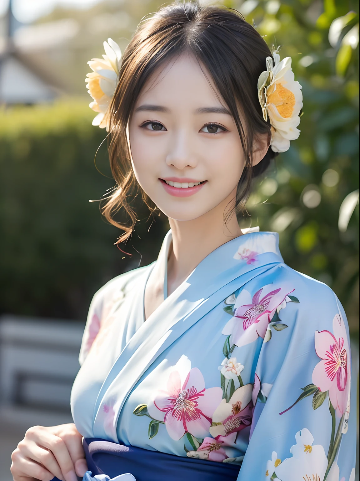 ((top-quality、16 K、​masterpiece:1.3))、Delicate skin、huge smile、1 slender beauty:1.3、(Ultra Detailed Face and Skin Texture、A detailed eye、二重まぶた、Detailed eyes)、(floral Yukata:1.3)、Crisp focus:1.1、35mm lens、