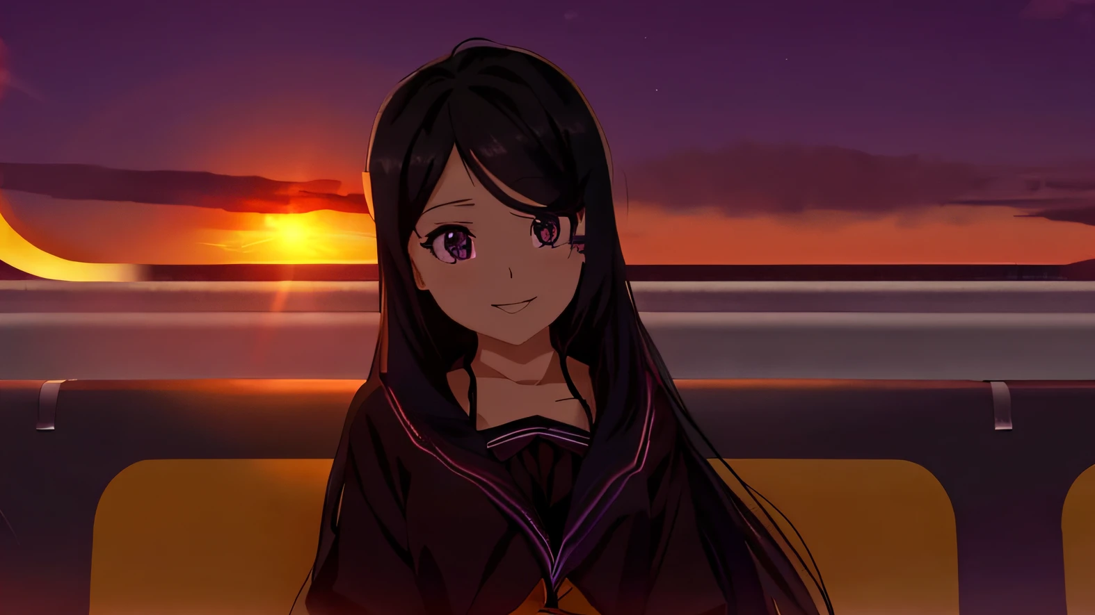 anime girl with long black hair and purple eyes sitting on a train, watching the sun set. anime, ((sunset)), with sunset, with a sunset, sunset!, sunset!!!, anime style. 8k, anime girl with long hair, at a beautiful sunset, inspired by Yang J, in the sunset, young anime girl, :14 80s anime style