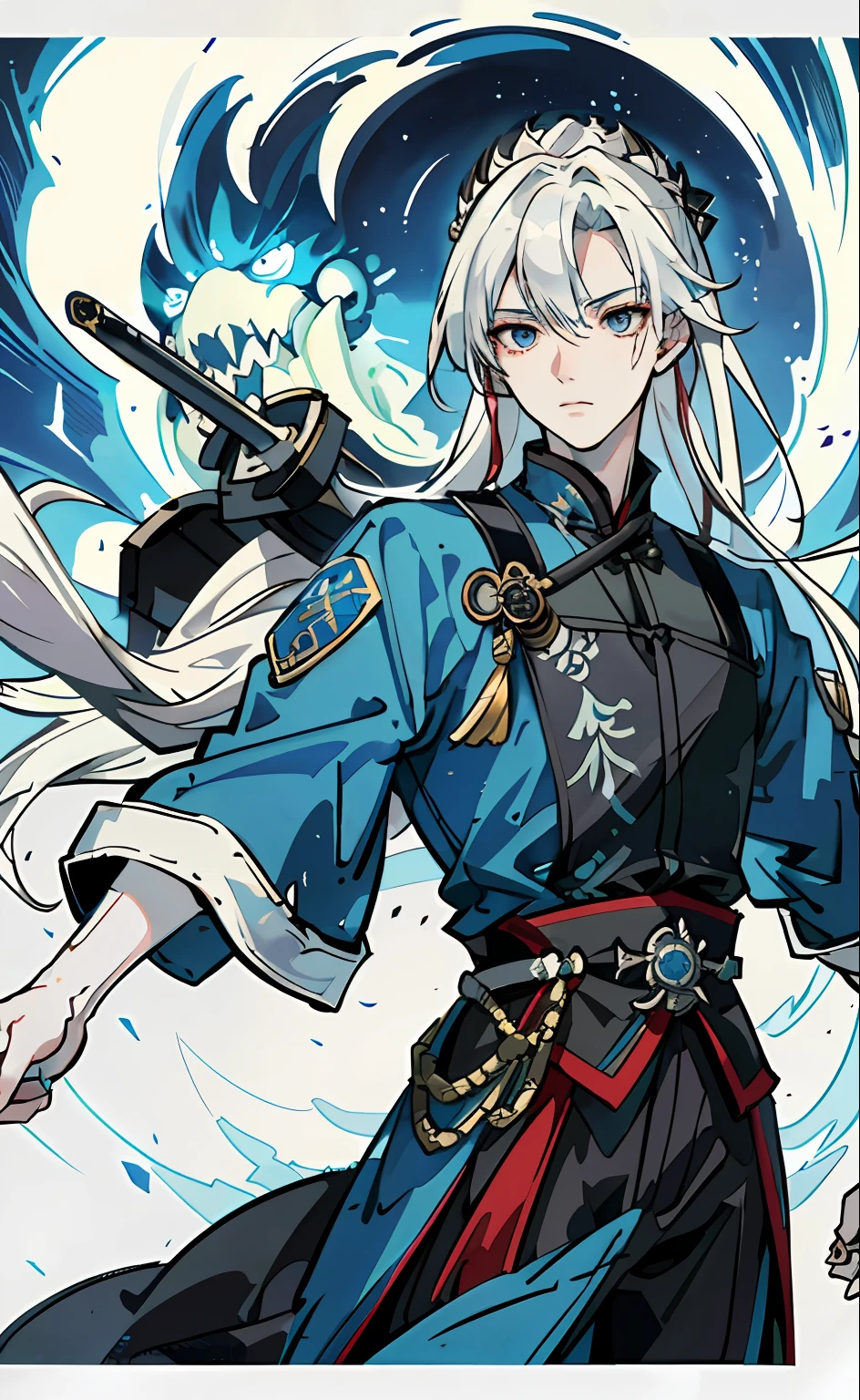 master piece《Three Kingdoms Killing》 The Jun will go to the sea, White-haired two-dimensional blue man, long whitr hair, vicious, cunning, sword, salama, landslide, crack, Realism night battleship destroyed battleship fire iron lock