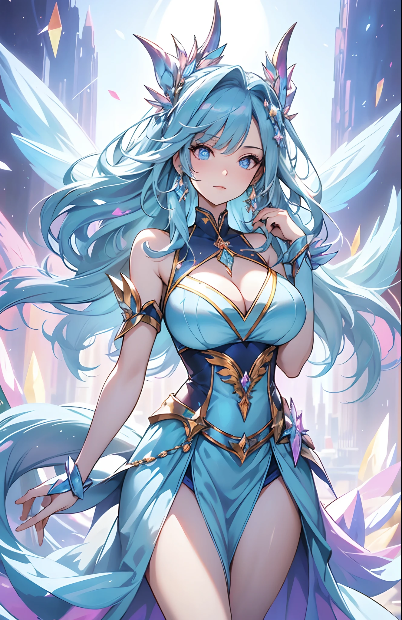 best qualityer,tmasterpiece,Ultimate resolution,downy,Extremely colorful,Colorful,palace background,A dragon girl,Royal Sister,Light blue bandeau maxi dress,huge tit,A pair of dragon horns,(Ice blue super long hair),Crystal Palace background,Grand,epic sense,Normal posture