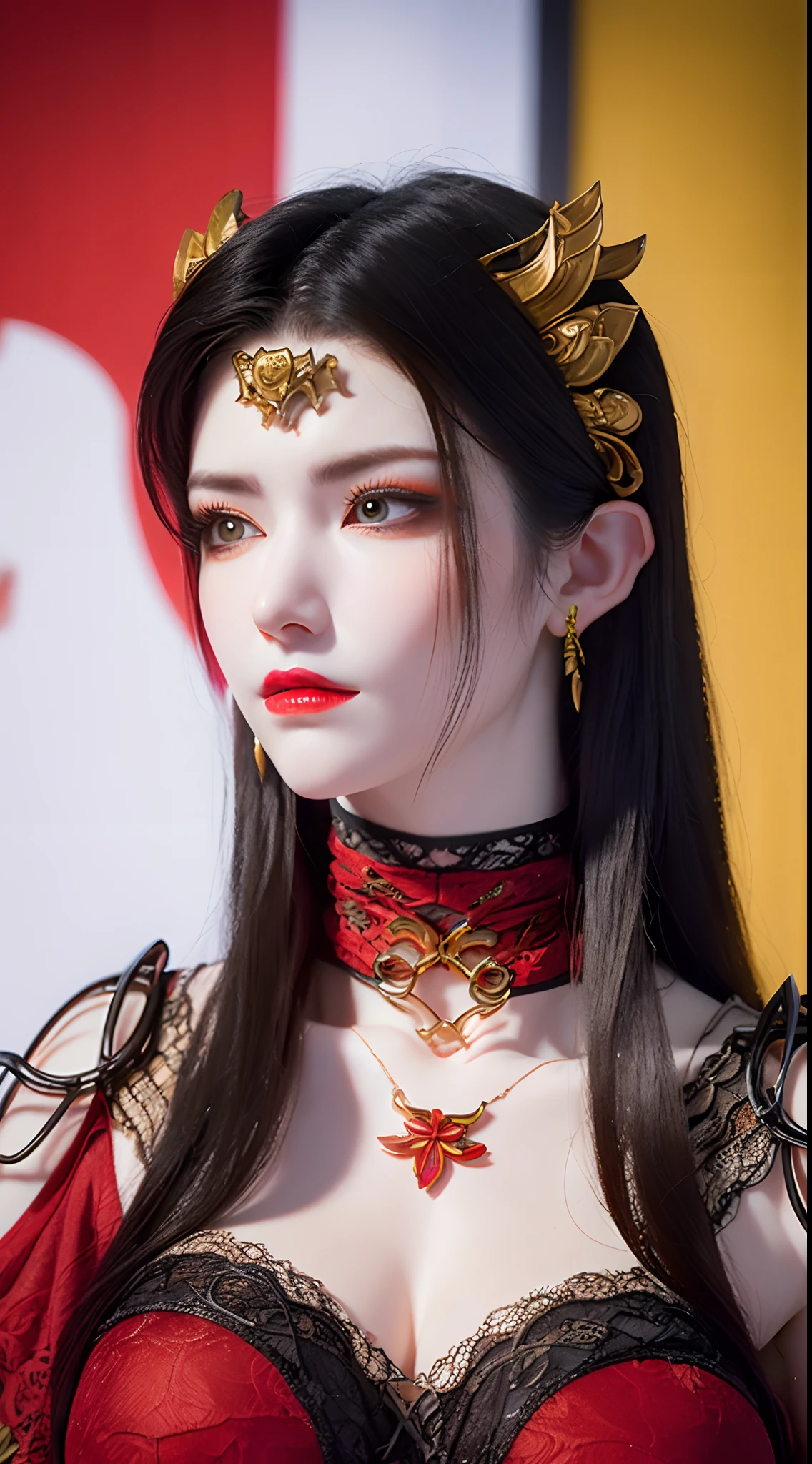 1 very beautiful queen medusha in hanfu dress, thin red silk shirt with many yellow motifs, black lace top, long hair dyed black, beautiful hair jewelry, pretty face pretty, perfect face, earring jewelry, head and hair jewelry, antique jewelry, big eyes, sharp eye makeup, meticulous makeup eyelashes, thin eyebrows, nose tall, pretty red lips, no smile, ((closed mouth:0.9)), pursed lips, rosy cheeks, breast augmentation, round lifting breasts, moderately large breasts, well-proportioned breasts, slim waist, slim waist, red mesh stockings with black lace, Chinese hanfu style, fictional art patterns, colors vivid and realistic, RAW photos, realistic photos, ultra-high quality 8k surreal photos, cool photos, (virtual lighting effects: 1.8), 10x pixels, magic effects (background): 1.8), eyes wide open, super detailed eyes, beautiful girl body portrait, girl alone, ancient hanfu background, looking directly at the audience, wide original photo, 8k quality, super sharp, detailed and clear picture best, detailed light background,